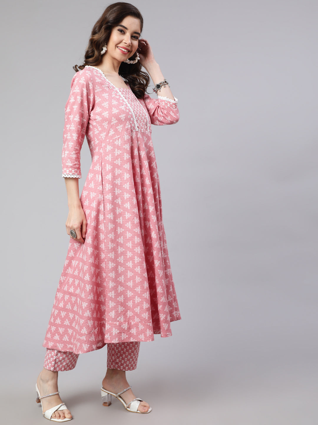Pink Ethnic Print Embroidered Flared Kurta With Printed Palazzo