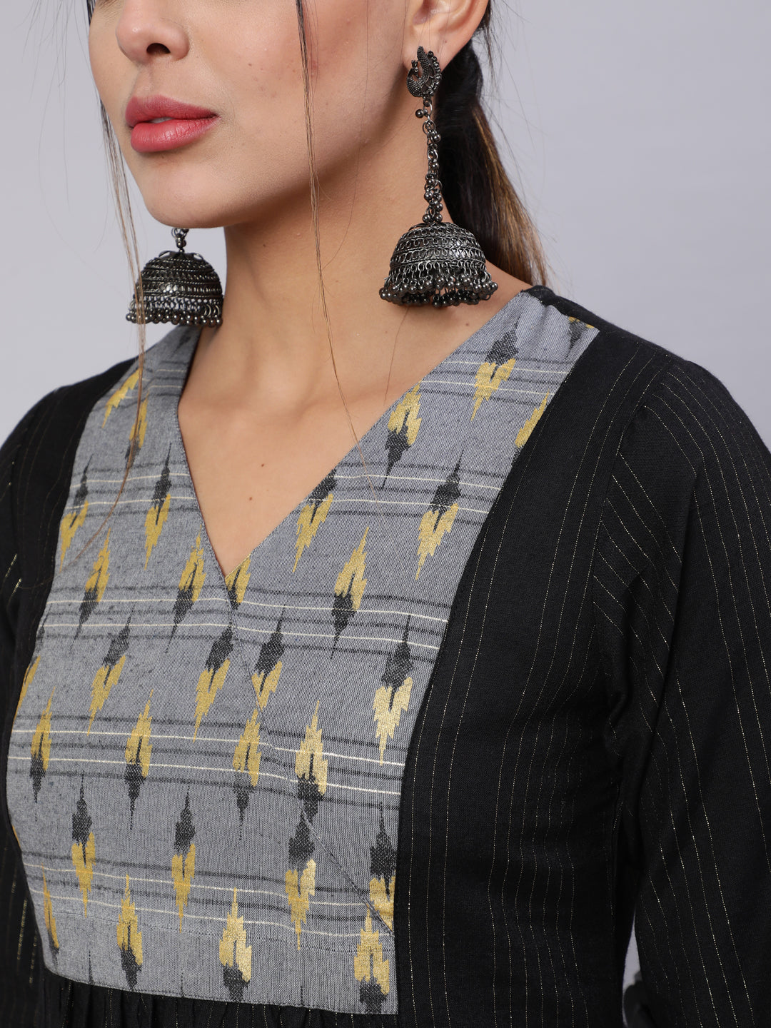 Black Self Weave Straight Kurta