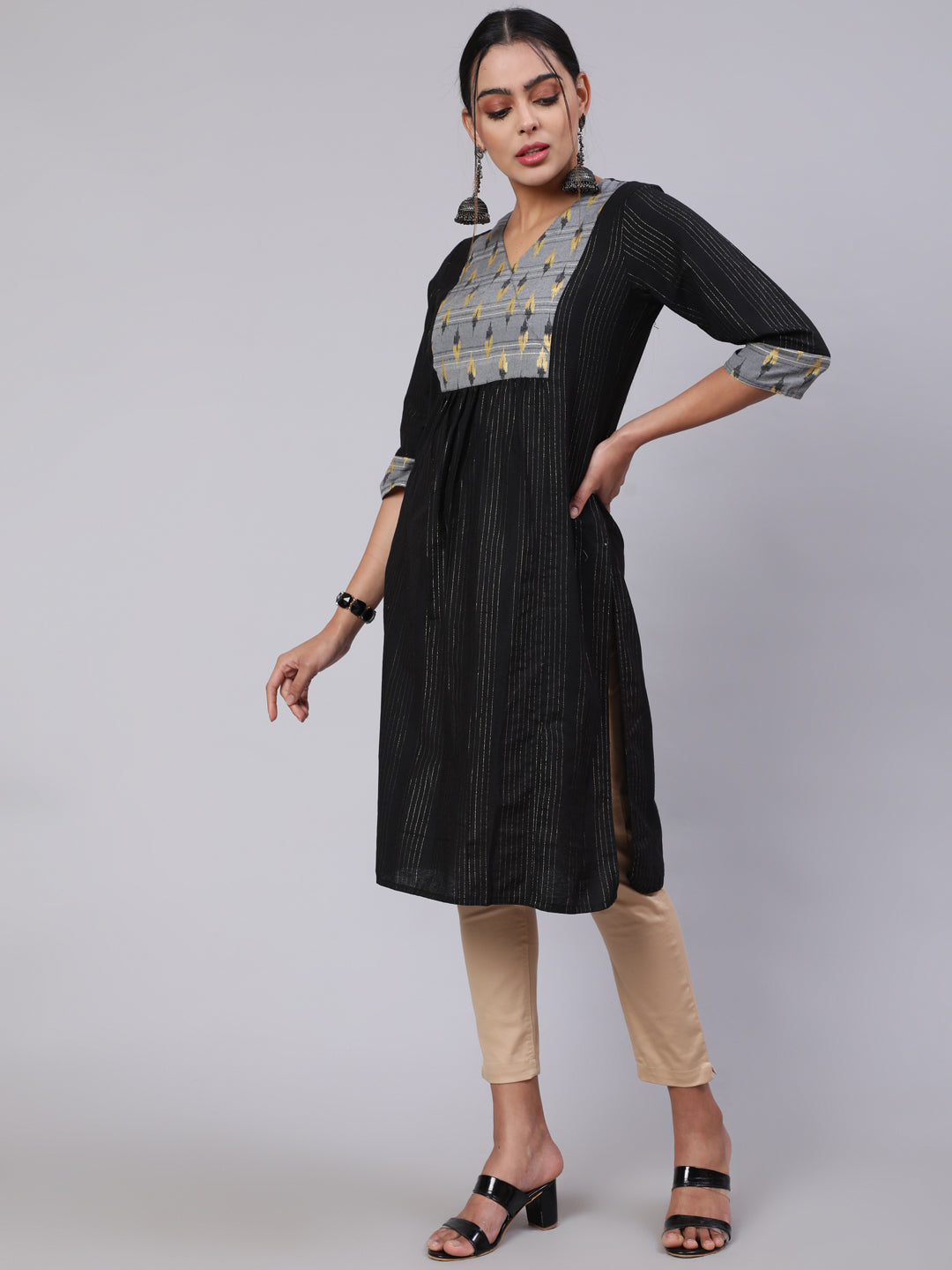 Black Self Weave Straight Kurta