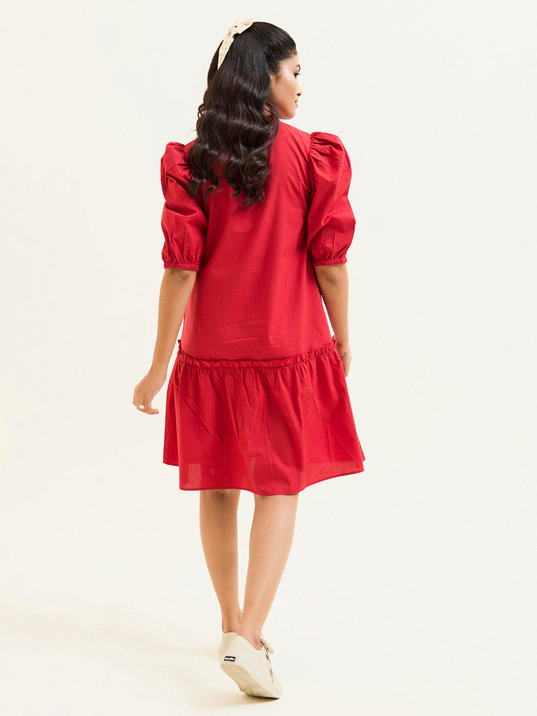 Red Cotton A-line Short Dress