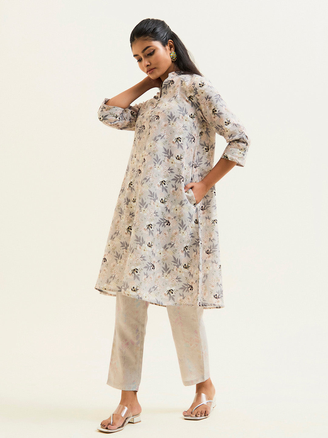Sand Grey A-line Floral Kurta With Pants