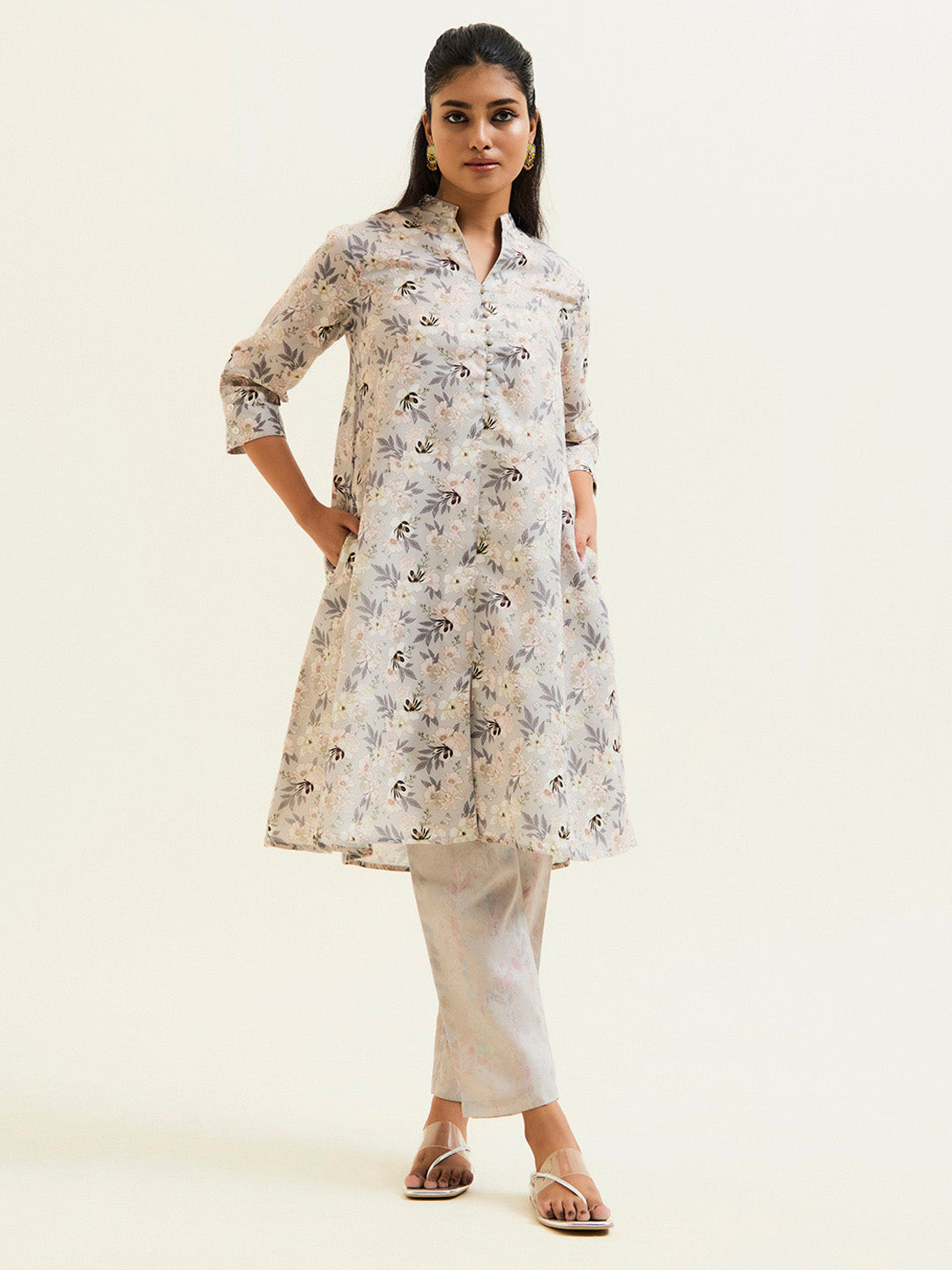 Sand Grey A-line Floral Kurta With Pants