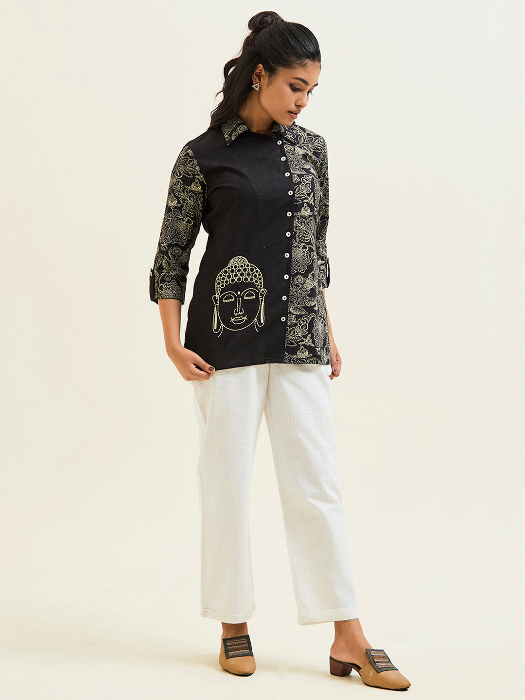 Buddha Embroidered Handblock Printed Overlapped Shirt