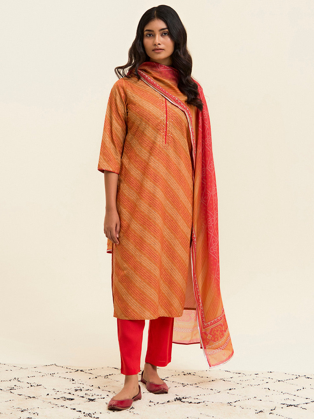 Orange Schiffli Embroidered Leheriya Festive Suit Set