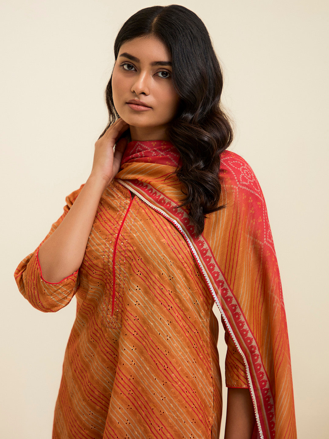 Orange Schiffli Embroidered Leheriya Festive Suit Set