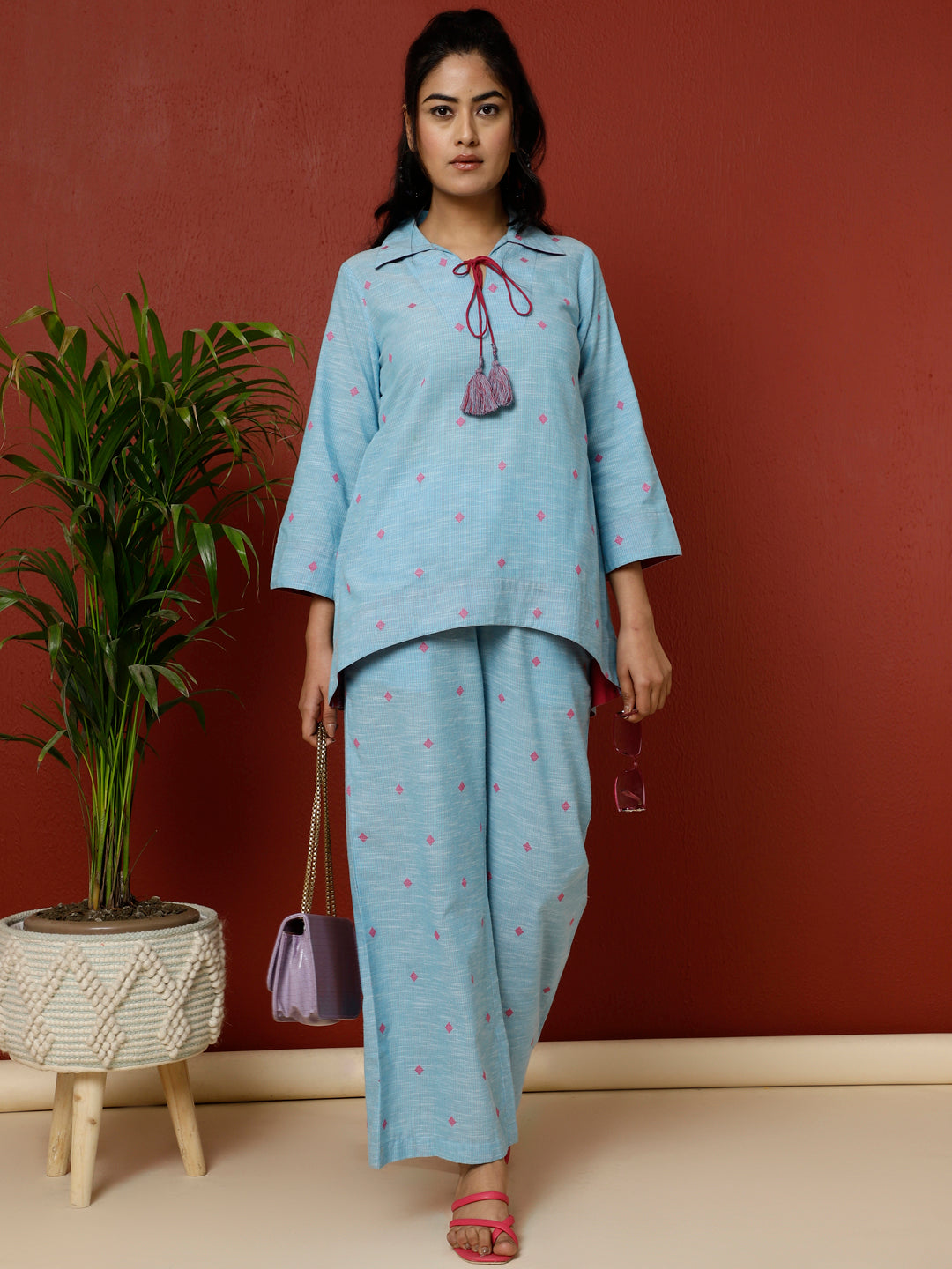 Sky Blue Cotton Yarn Dyed Loungewear Set