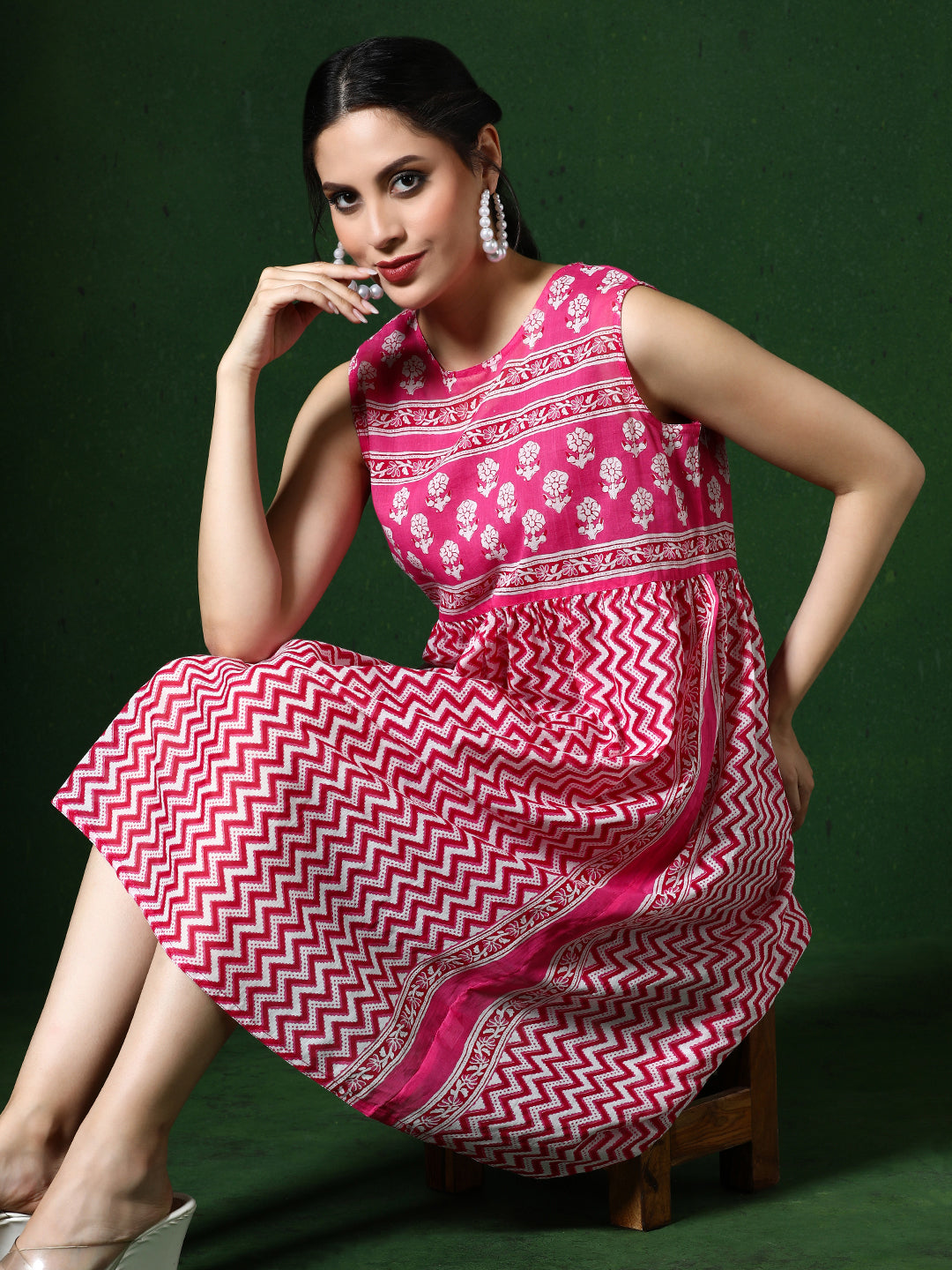 strapless open back dress Pink Floral Cotton Calf Length Ethnic Casual Dress
