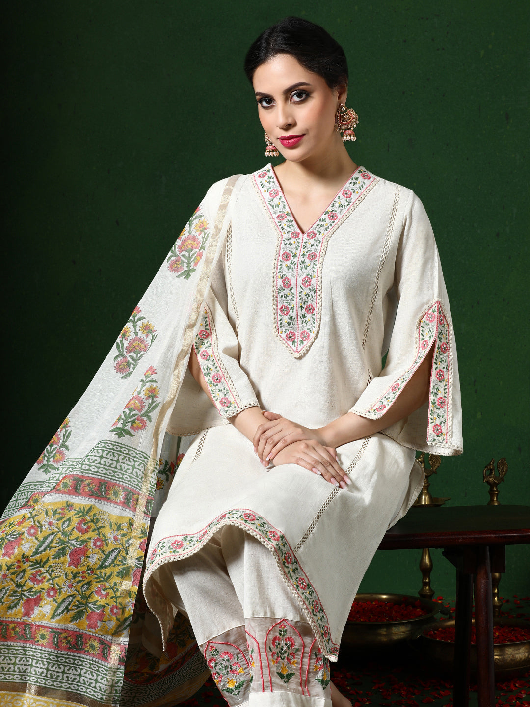 Floral Embroidered A-Line Cotton Blend Kurta & Trousers Sets
