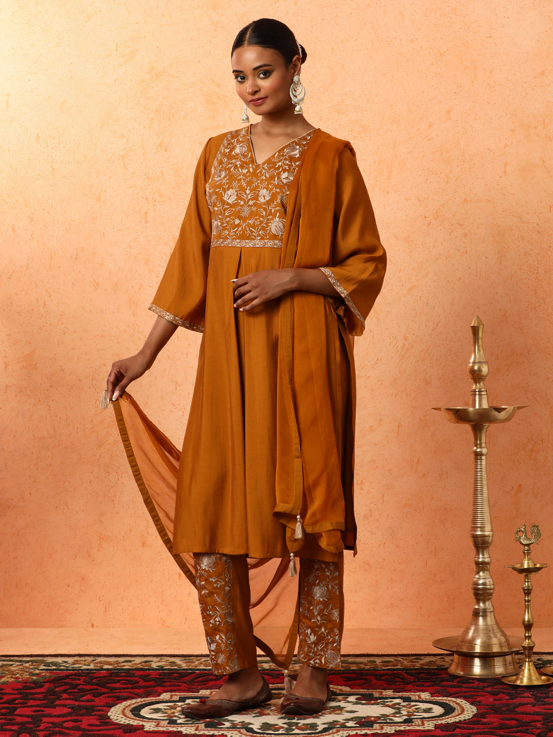 Floral Embroidered A-Line Cotton Blend Kurta & Trousers Sets