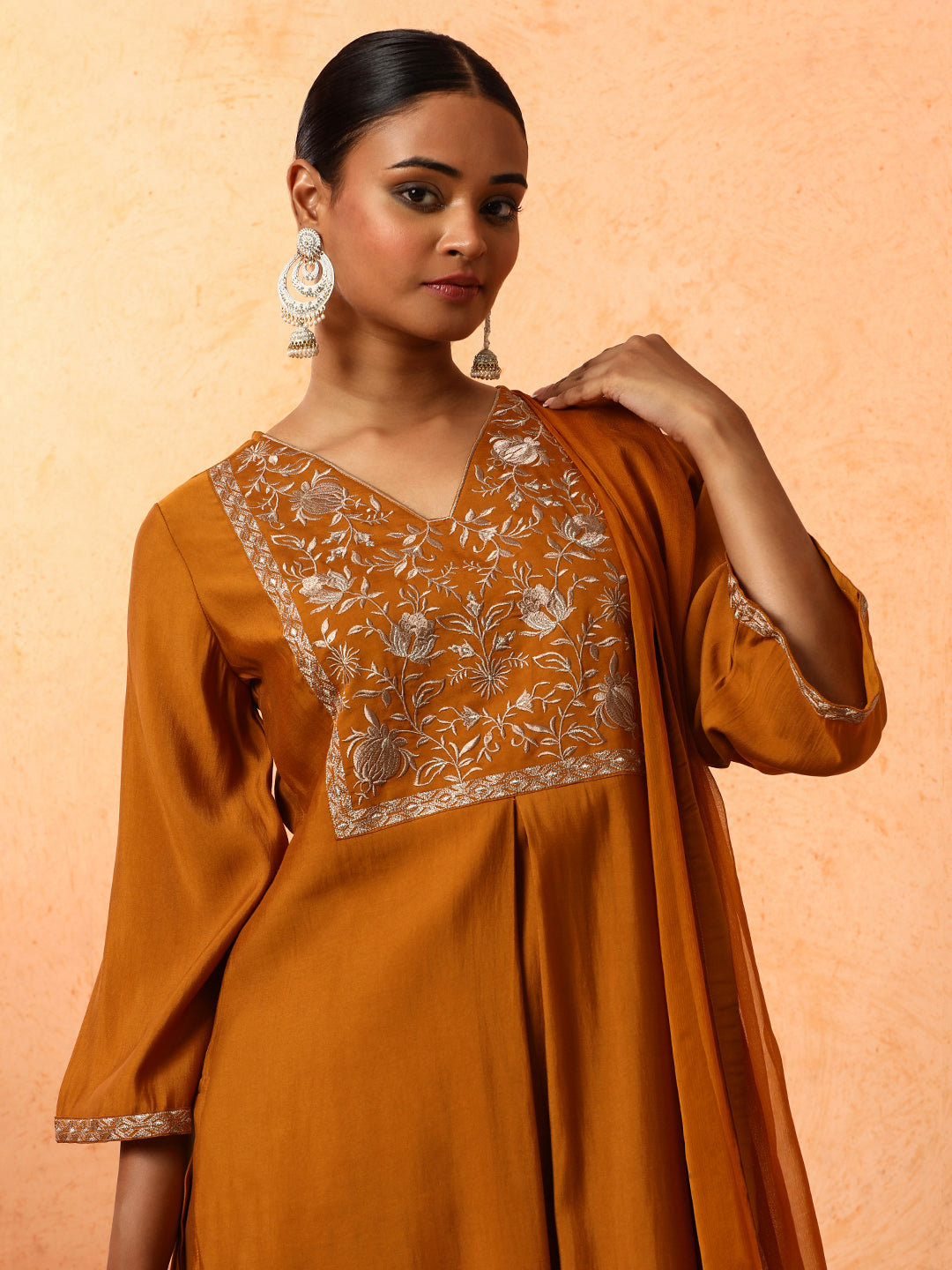 Floral Embroidered A-Line Cotton Blend Kurta & Trousers Sets