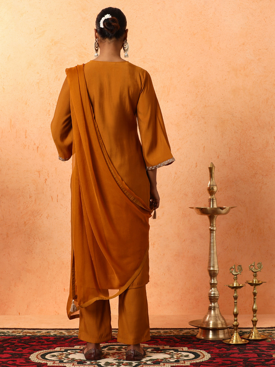 Floral Embroidered A-Line Cotton Blend Kurta & Trousers Sets