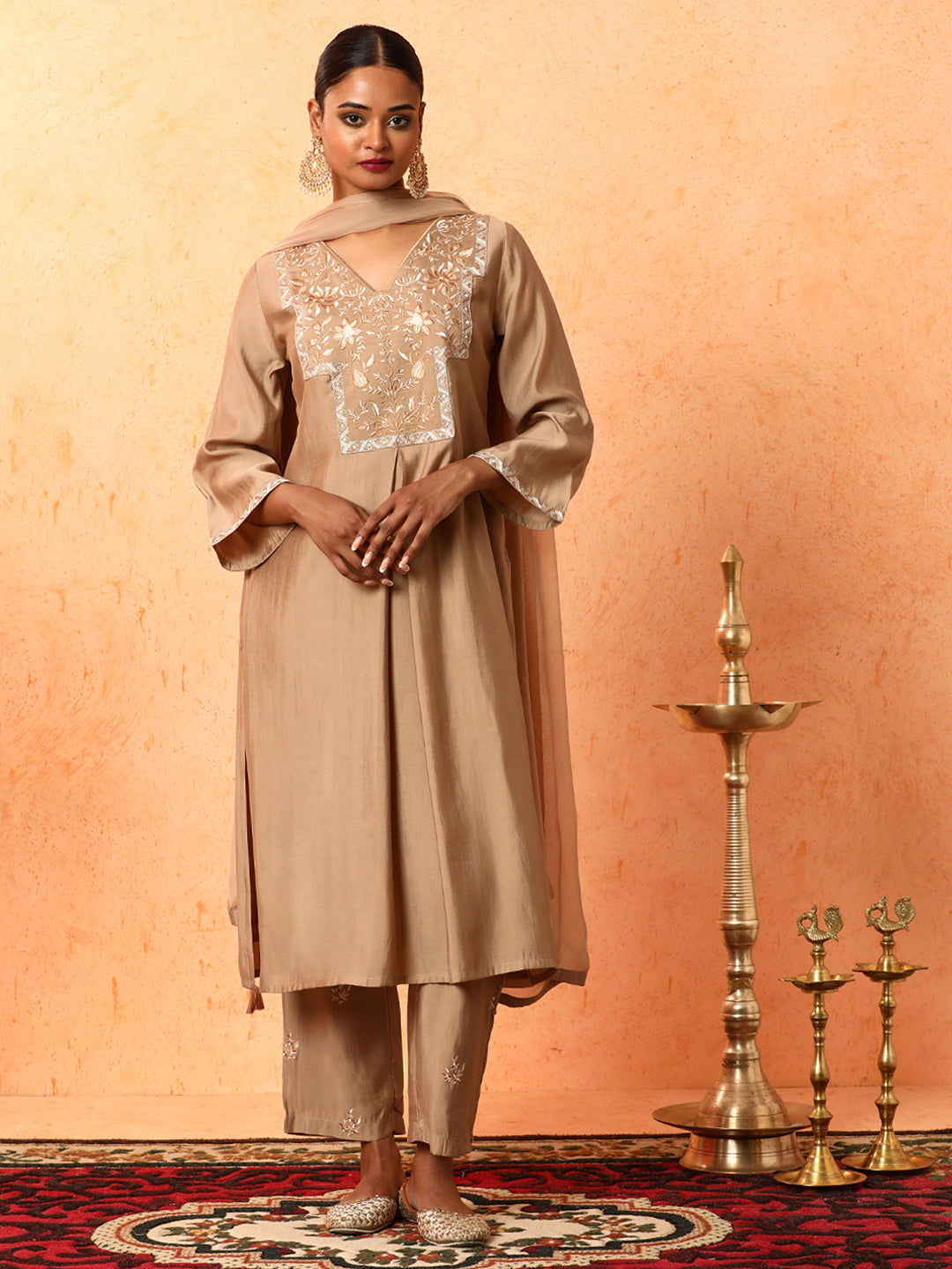 Floral Embroidered A-Line Cotton Blend Kurta & Trousers Sets
