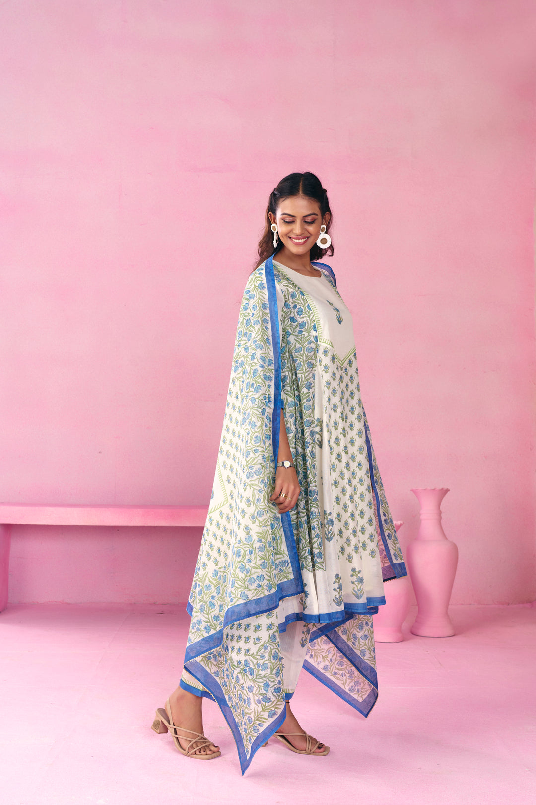 Floral Embroidered A-Line Chanderi Cotton Kurta & Trousers Sets