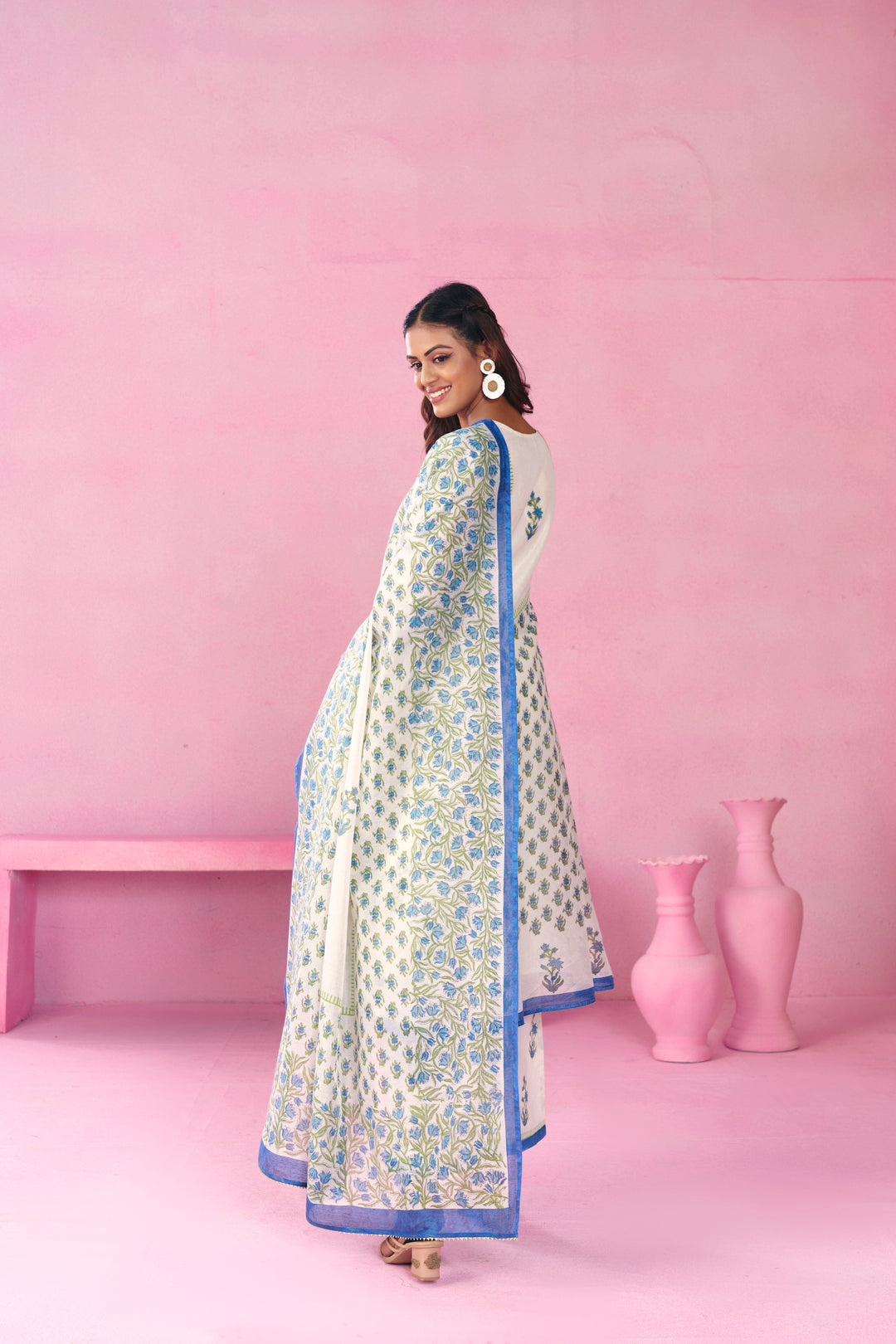 Floral Embroidered A-Line Chanderi Cotton Kurta & Trousers Sets