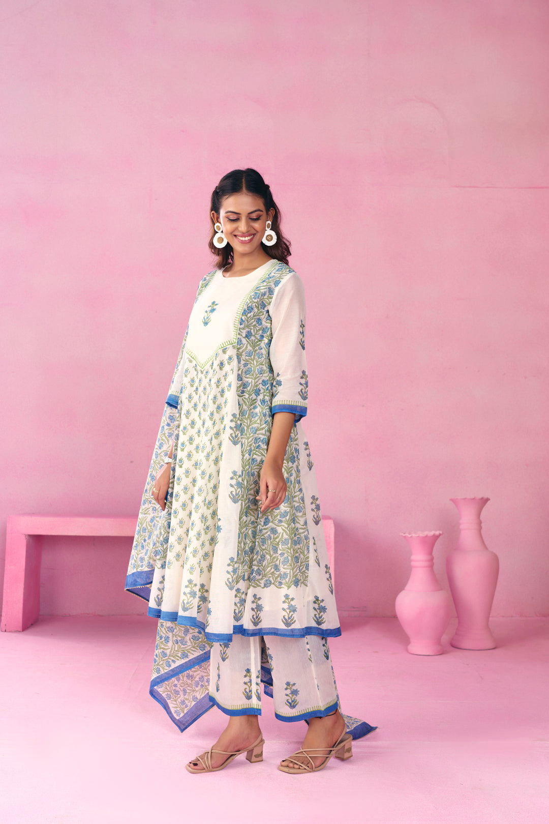 Floral Embroidered A-Line Chanderi Cotton Kurta & Trousers Sets