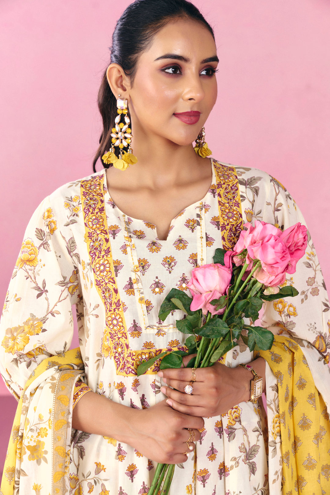 Floral Embroidered A-Line Pure Cotton Kurta & Trousers Sets