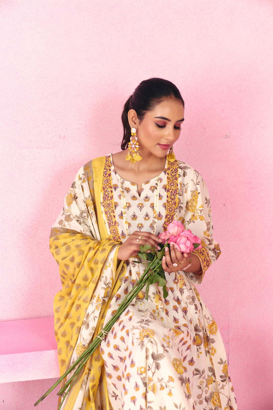 Floral Embroidered A-Line Pure Cotton Kurta & Trousers Sets