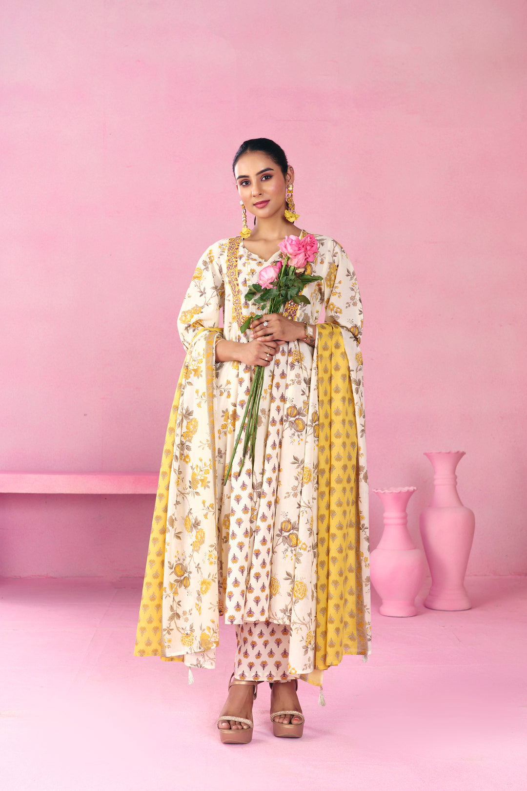 Floral Embroidered A-Line Pure Cotton Kurta & Trousers Sets