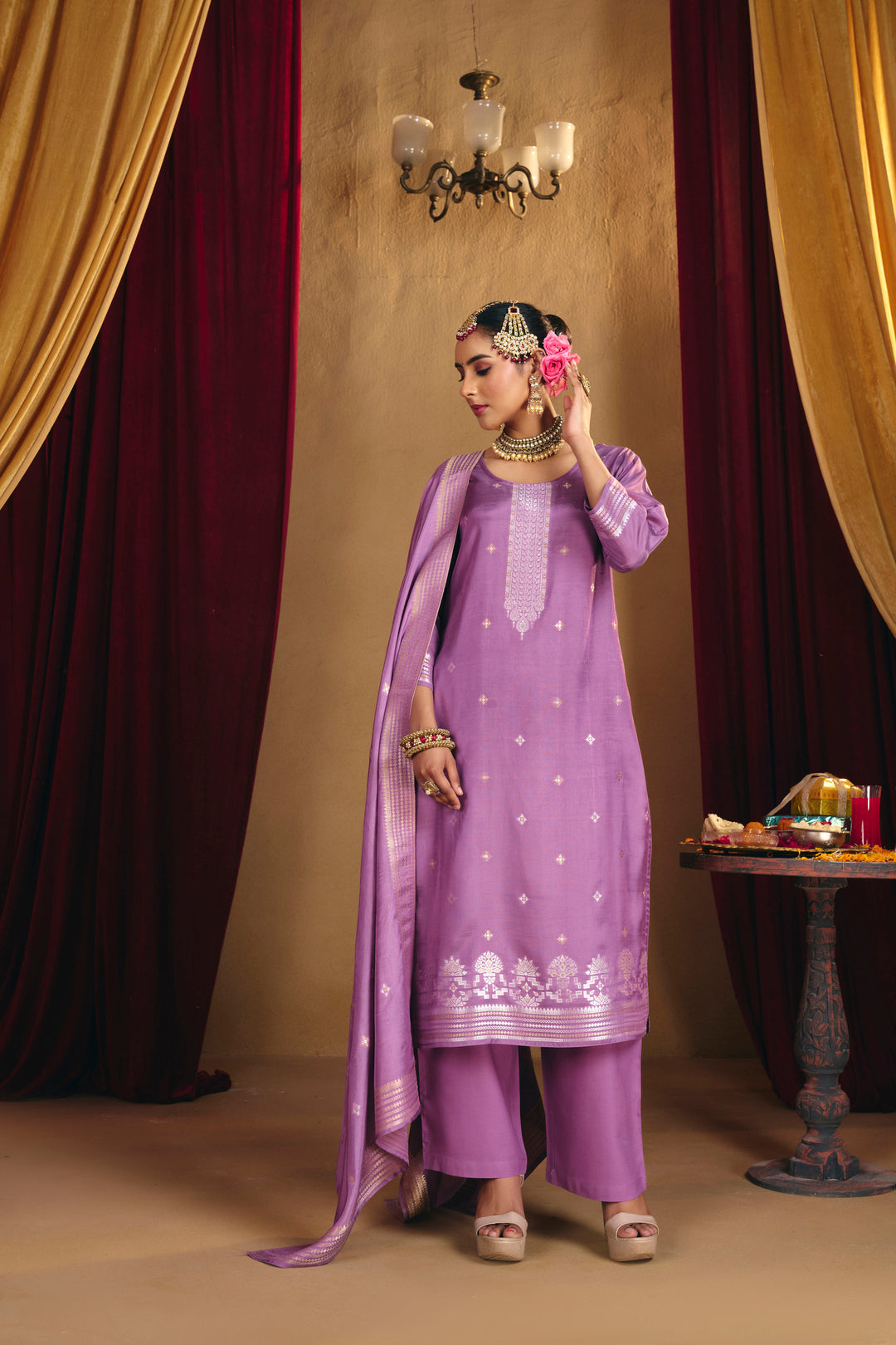 Floral Embroidered Straight Kurta & Trousers Sets