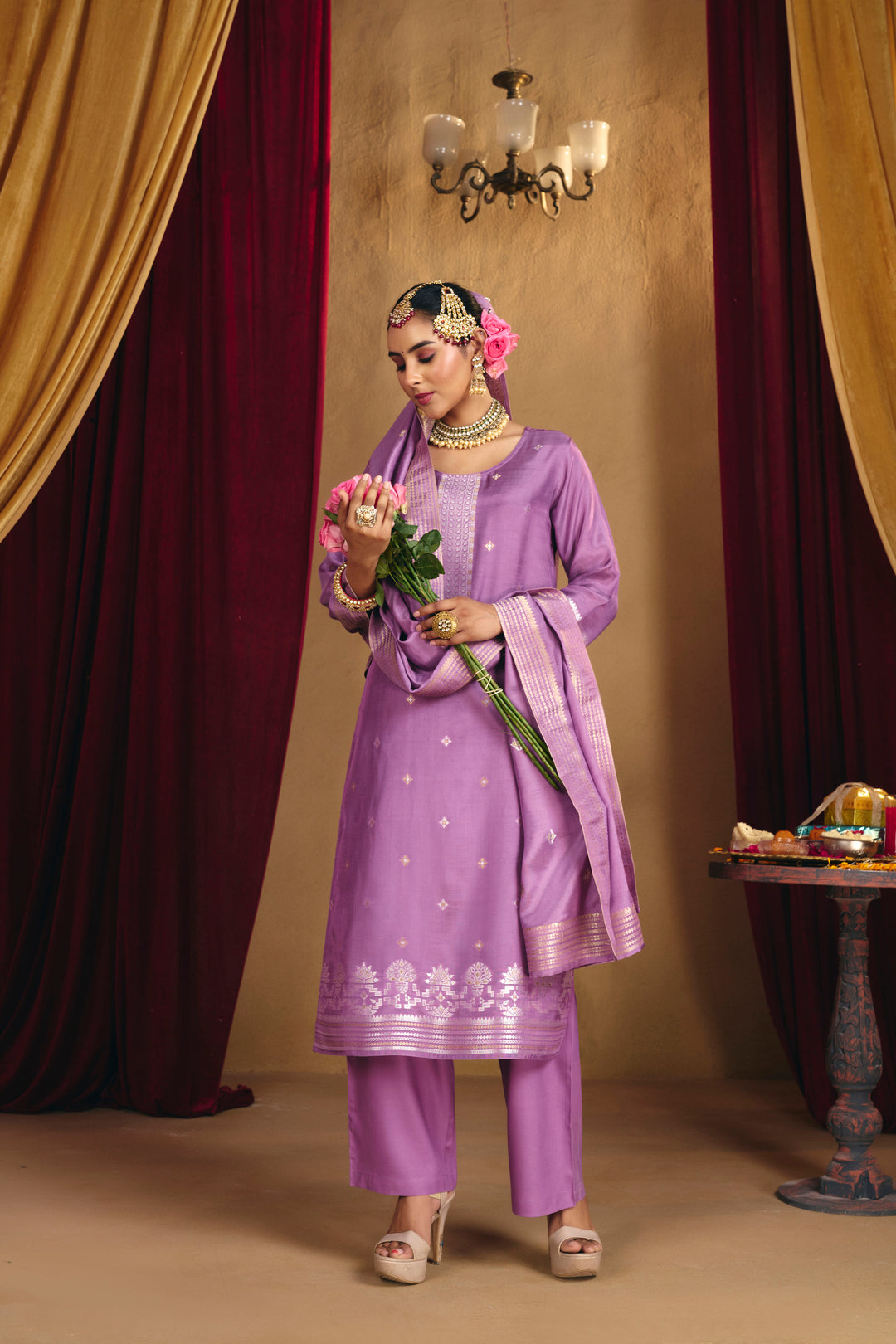Floral Embroidered Straight Kurta & Trousers Sets