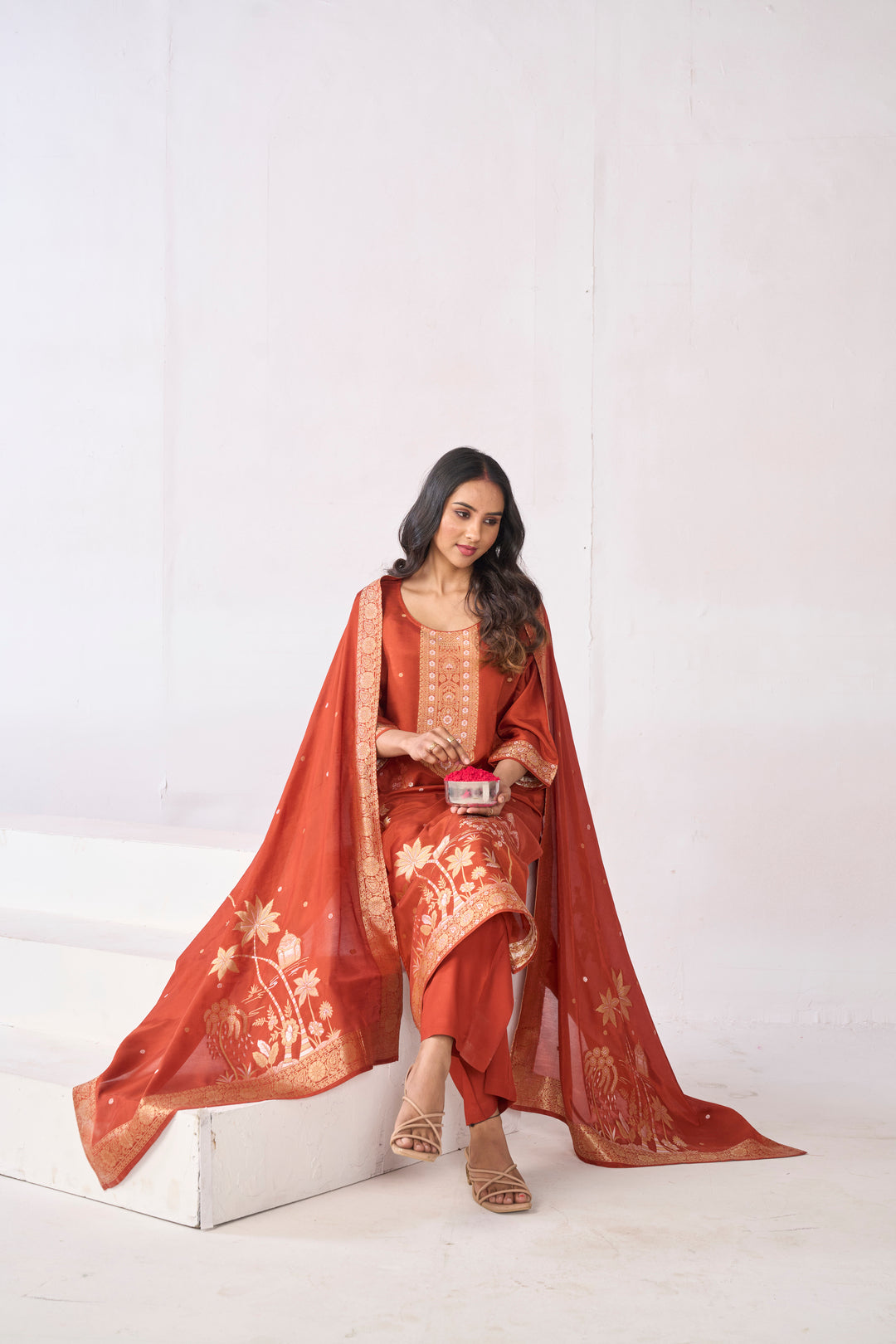 Floral Embroidered Straight Kurta & Trousers Sets