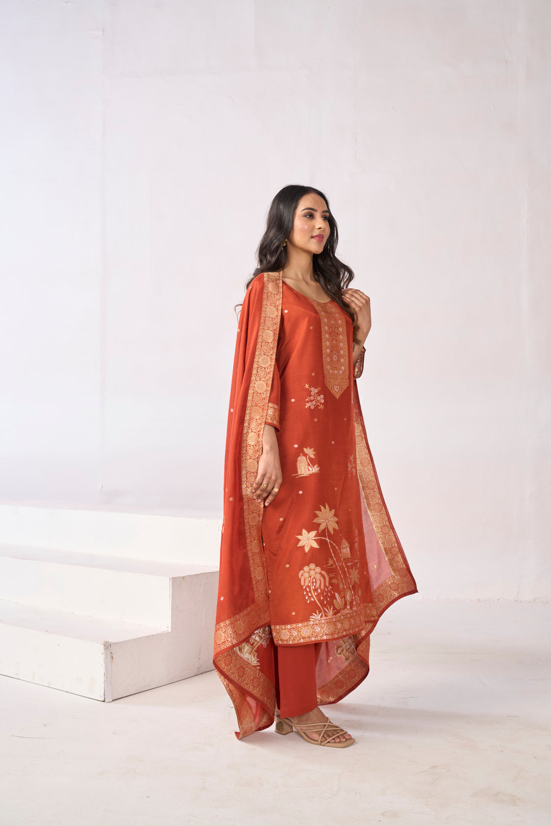 Floral Embroidered Straight Kurta & Trousers Sets