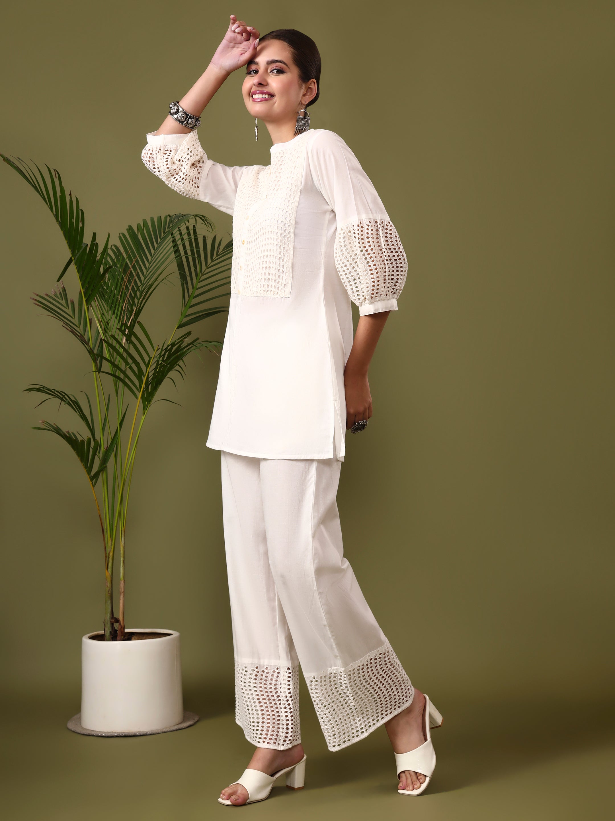 Solid Embroidered Straight Pure Cotton Kurta & Trousers Sets