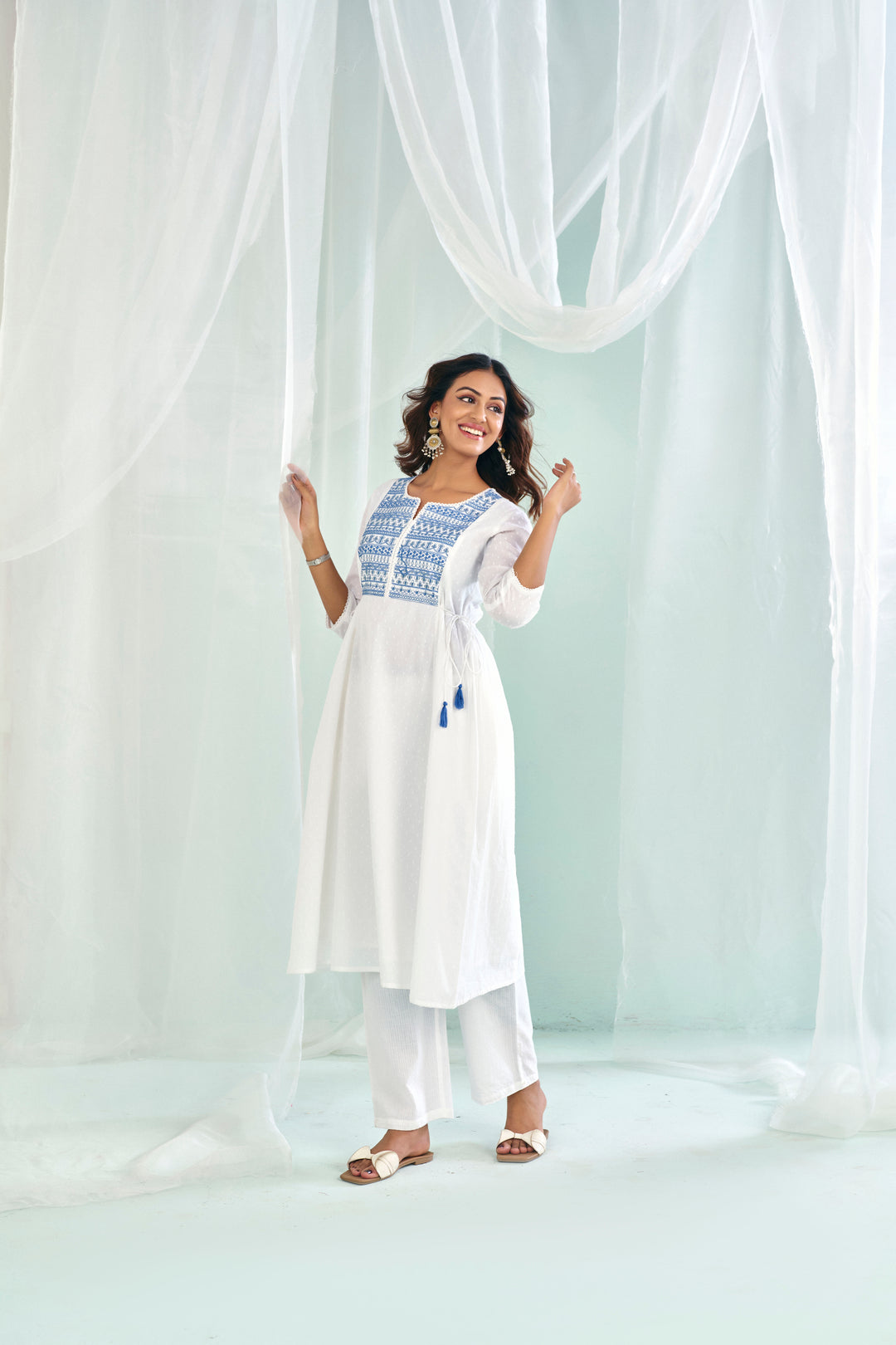 Floral Embroidered A-Line Pure Cotton Kurta & Trousers Sets
