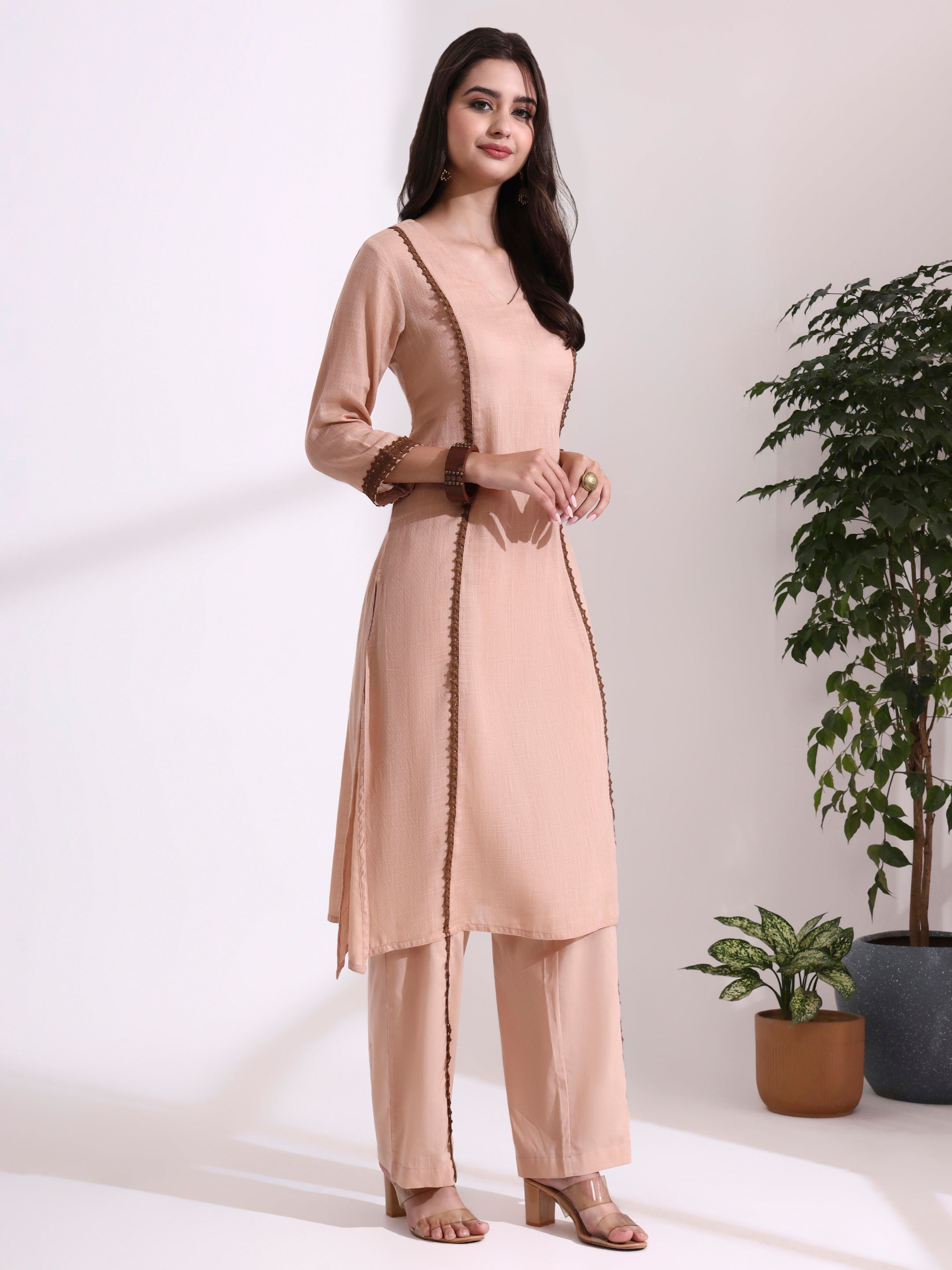 Solid Embroidered Straight Pure Cotton Kurta & Trousers Sets