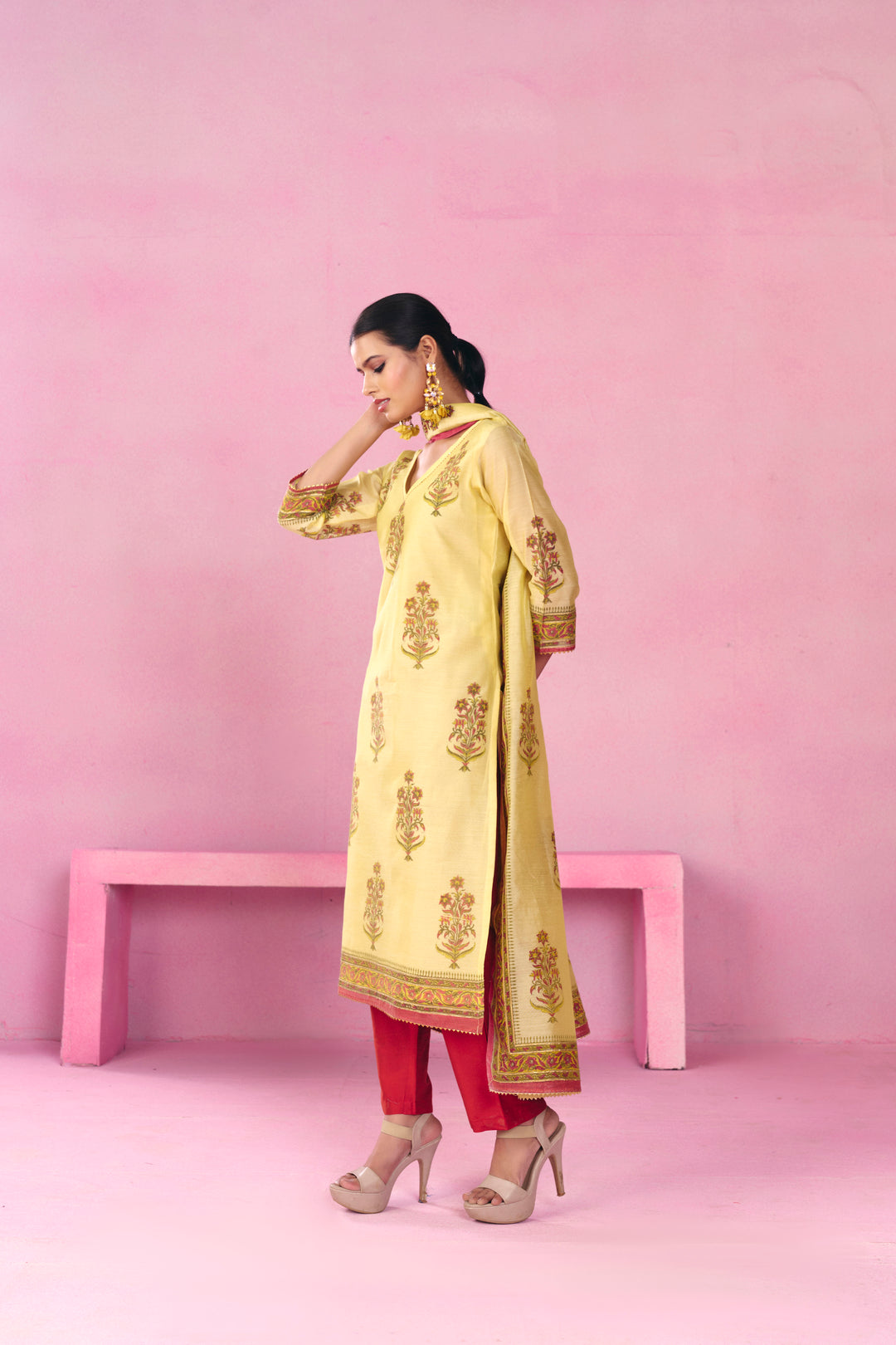 Floral Embroidered A-Line Chanderi Cotton Kurta & Trousers Sets