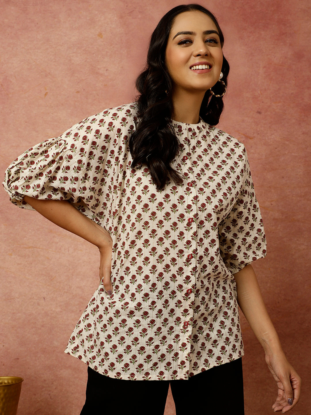 Ethnic Printed Cotton Lurex Boxy Top