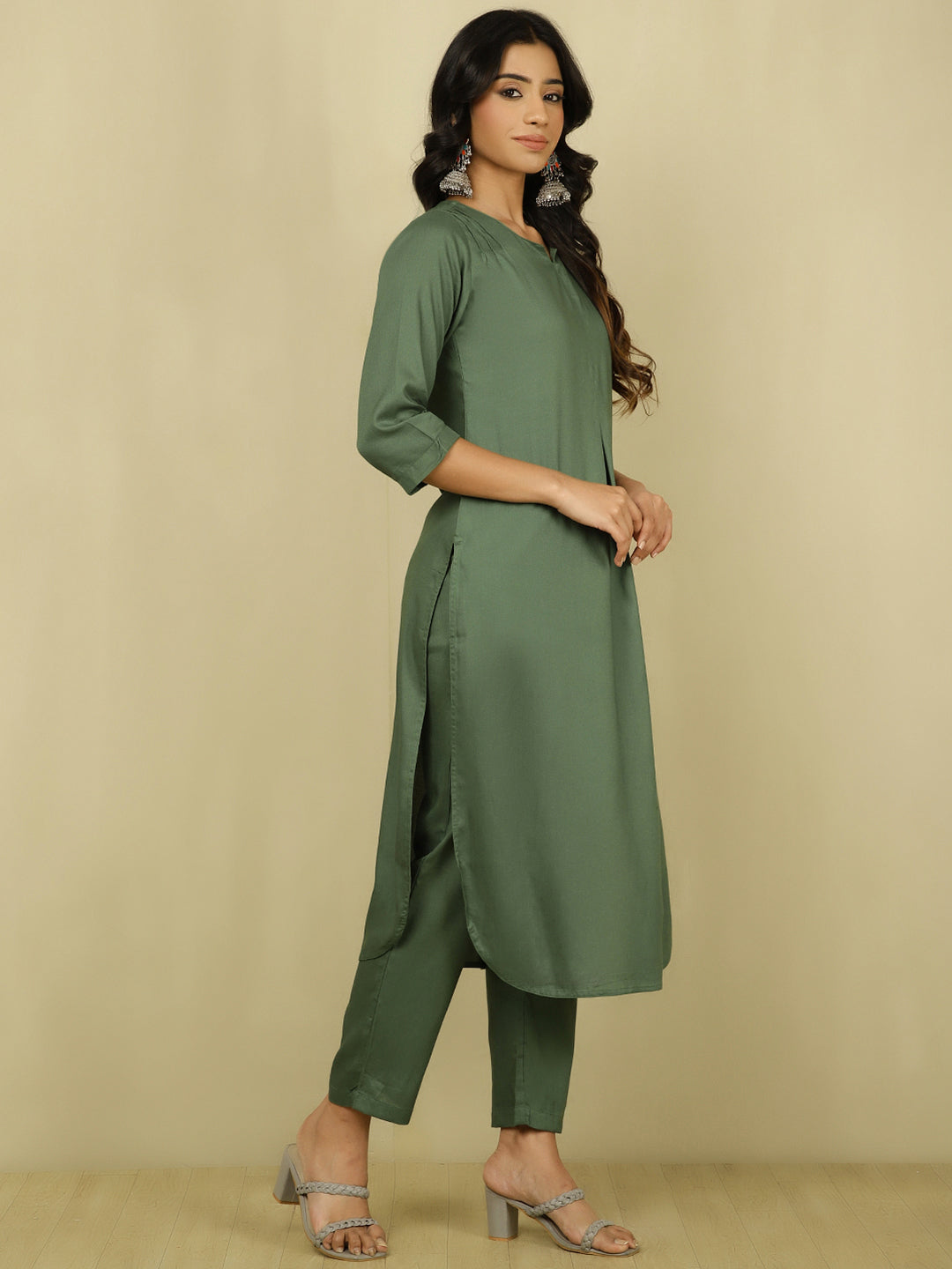 Olive Green Pleated Straight Kurta With Pants