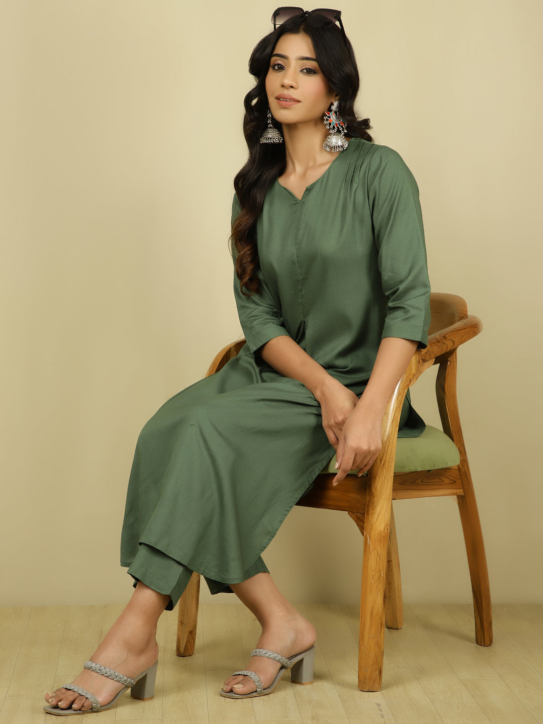 Olive Green Pleated Straight Kurta With Pants