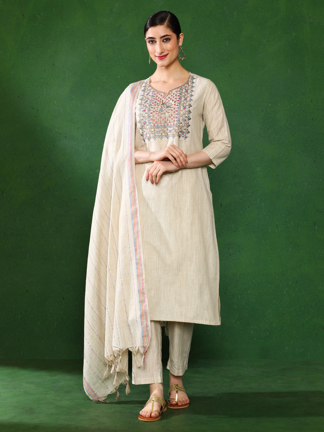 Beige Mirror Work Embroidered Festive Suit Set