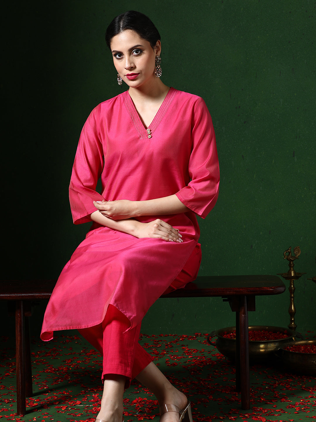 Solid Embroidered Straight Chanderi Silk Kurta