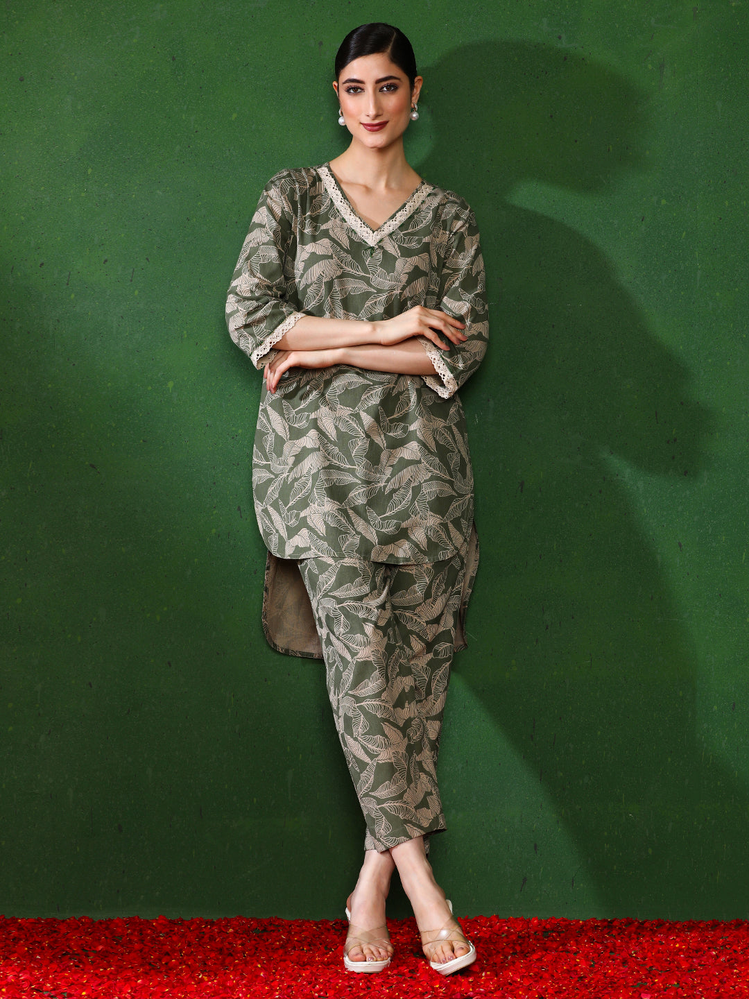 Floral Embroidered A-Line Top & Trousers Sets