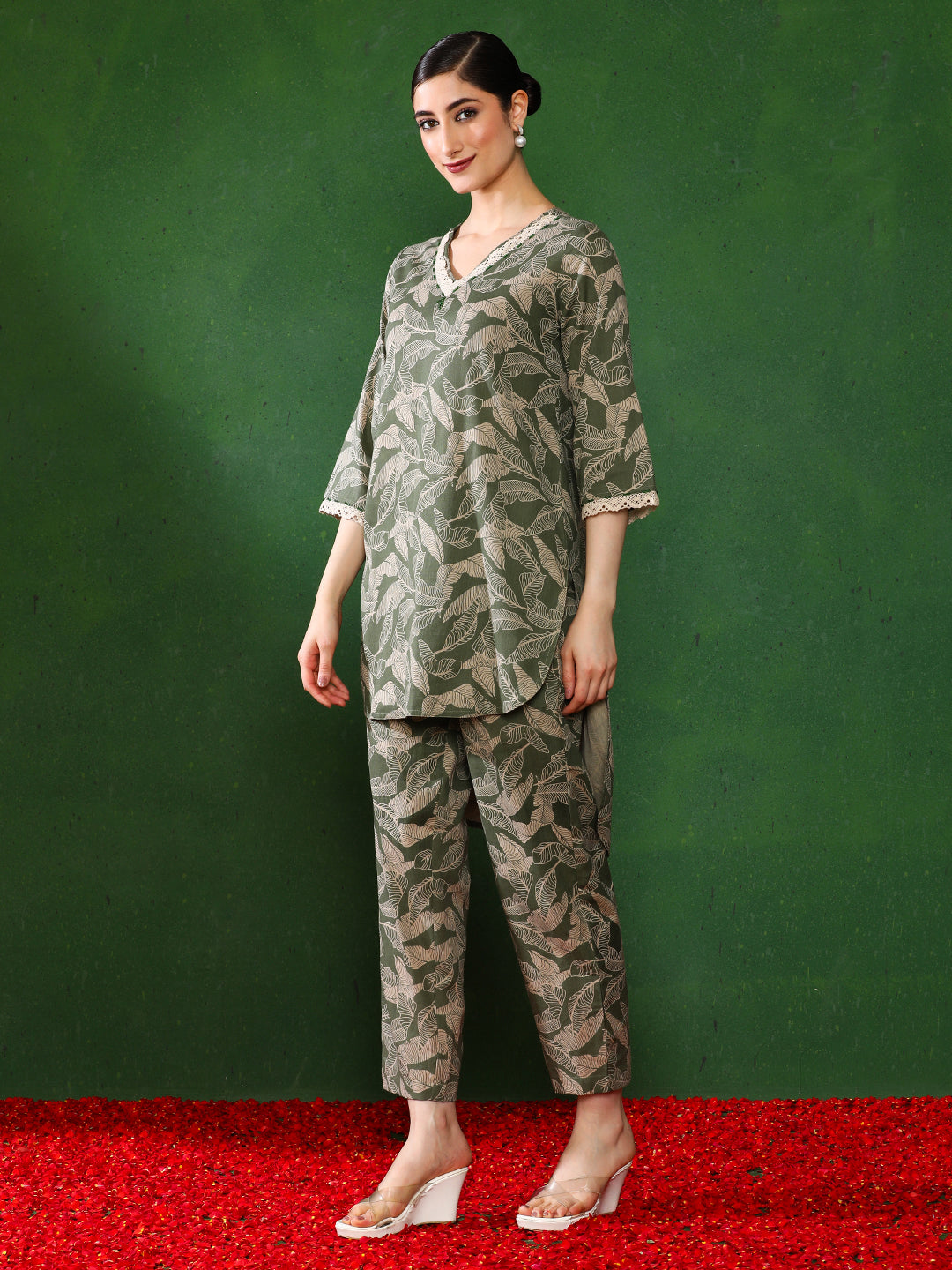 Floral Embroidered A-Line Top & Trousers Sets