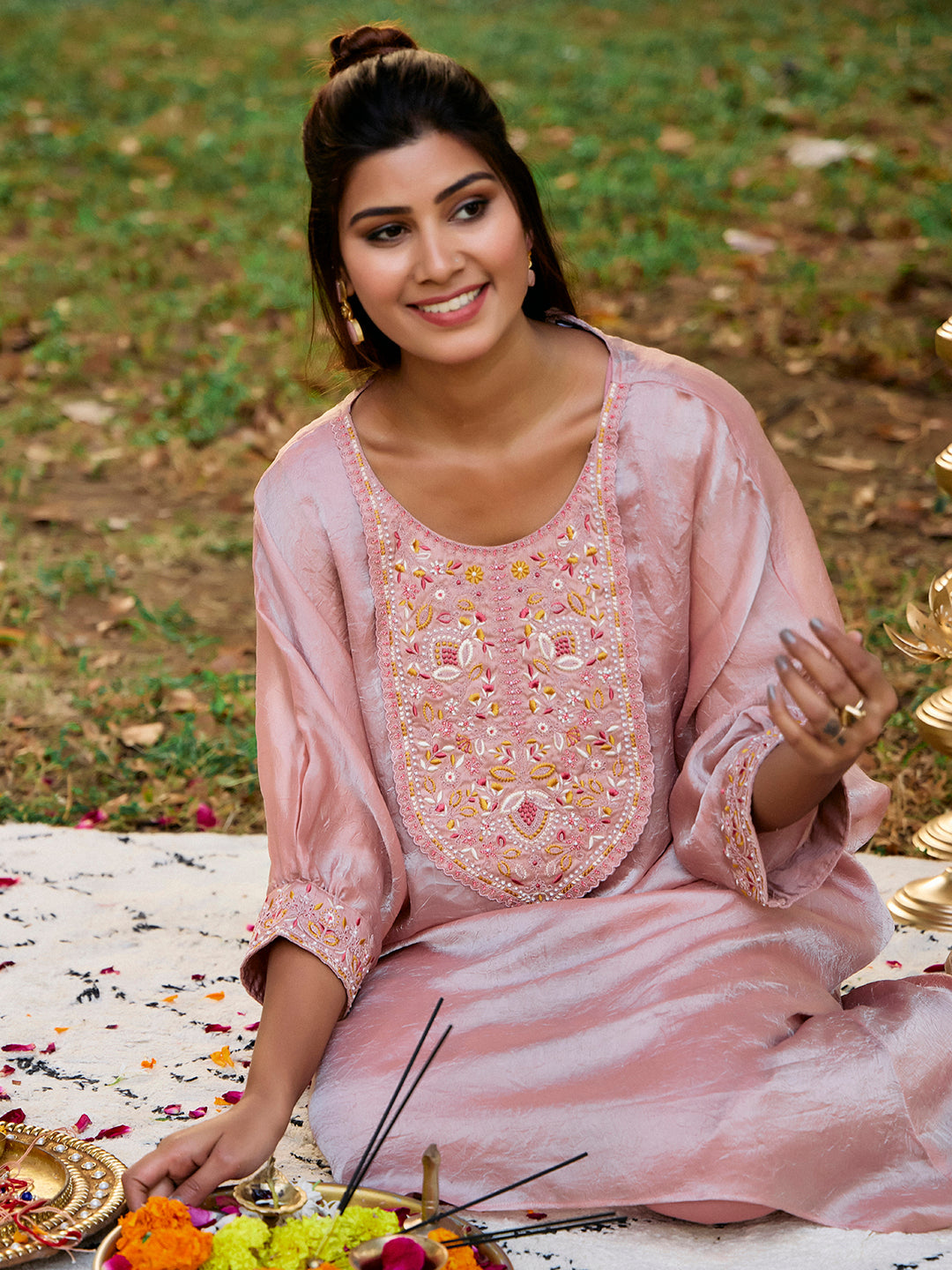 Floral Embroidered Kaftan Organza Kurta & Trousers Sets