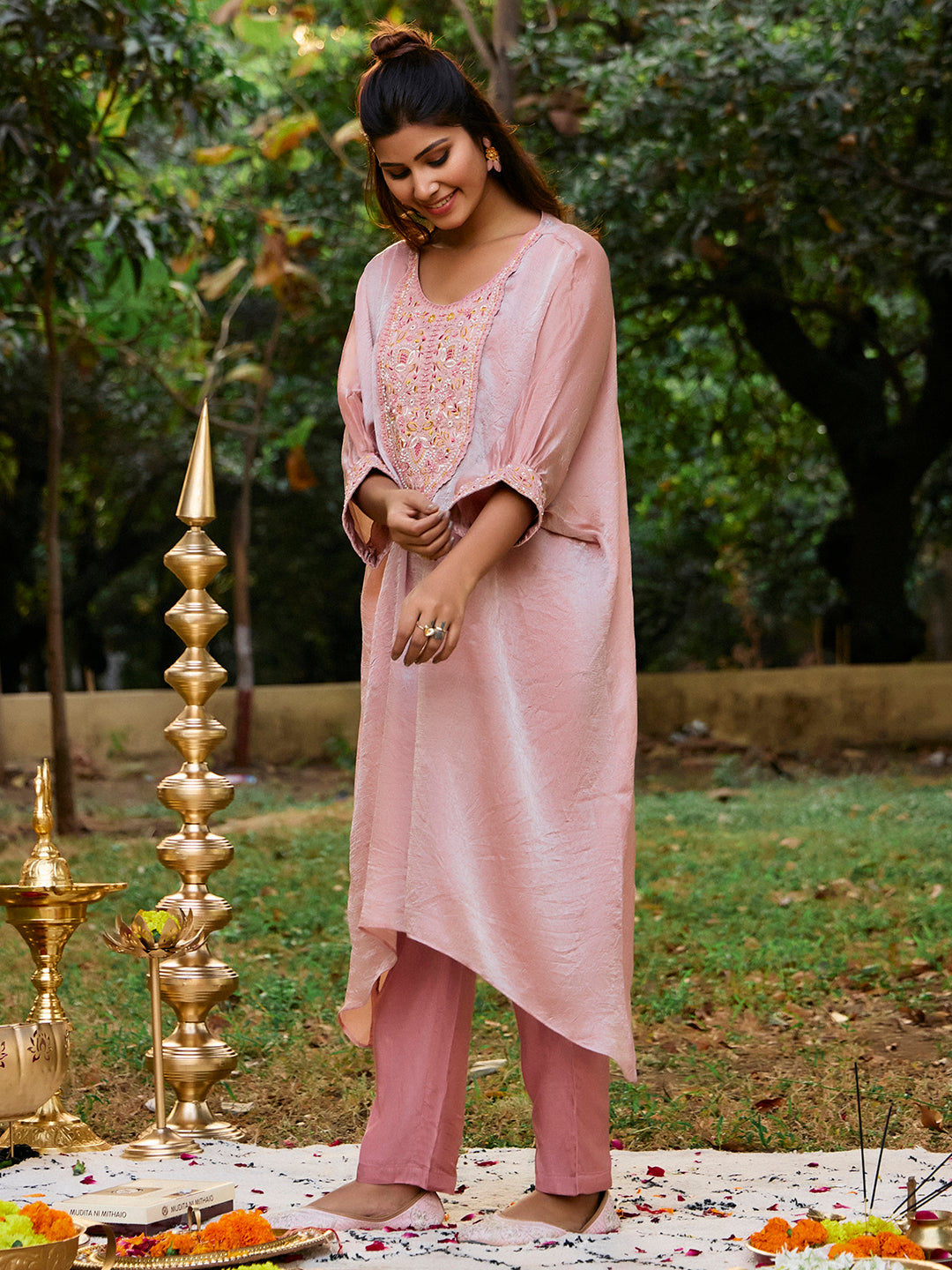 Floral Embroidered Kaftan Organza Kurta & Trousers Sets