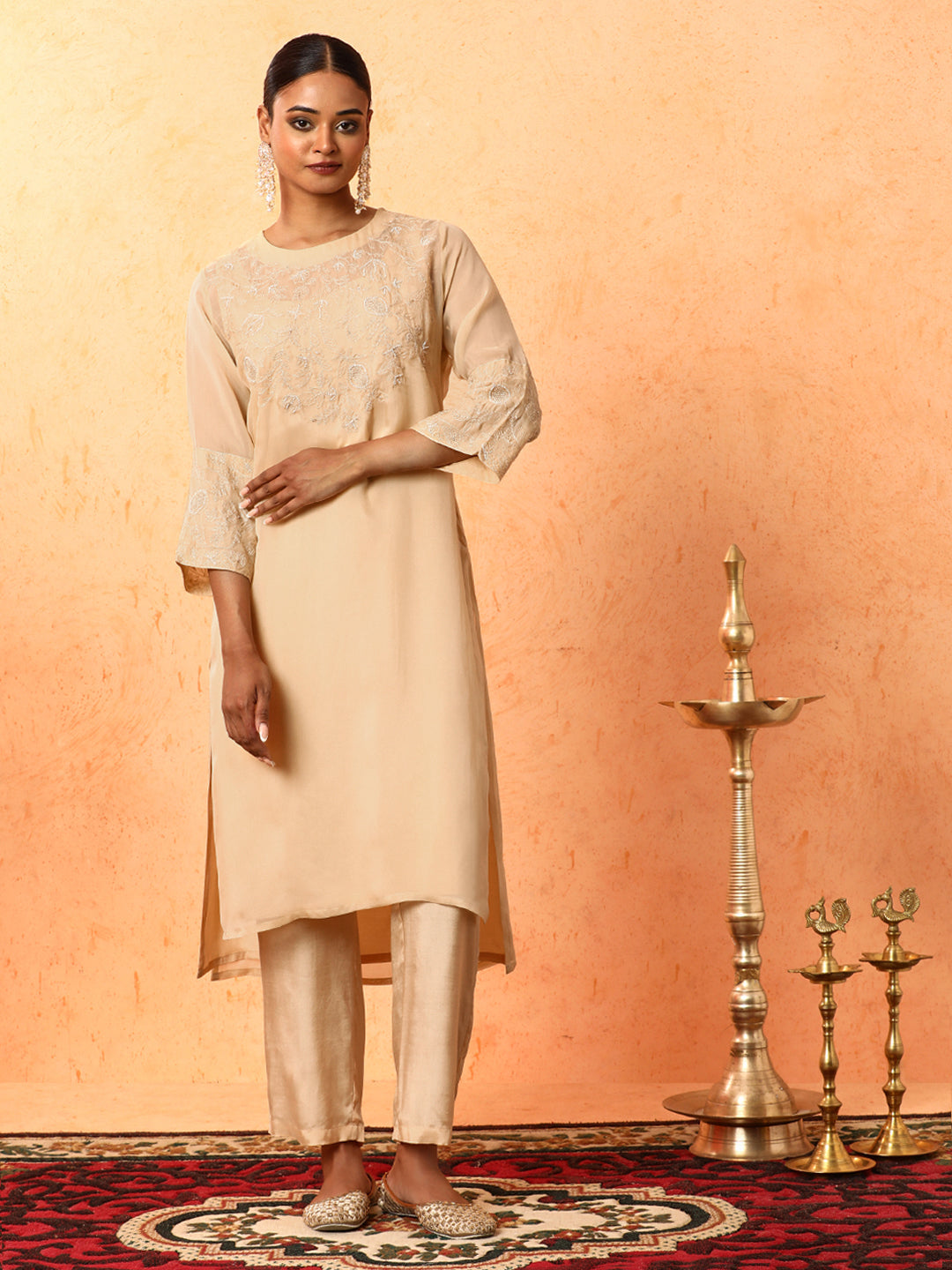 Floral Embroidered A-Line Organza Kurta & Trousers Sets