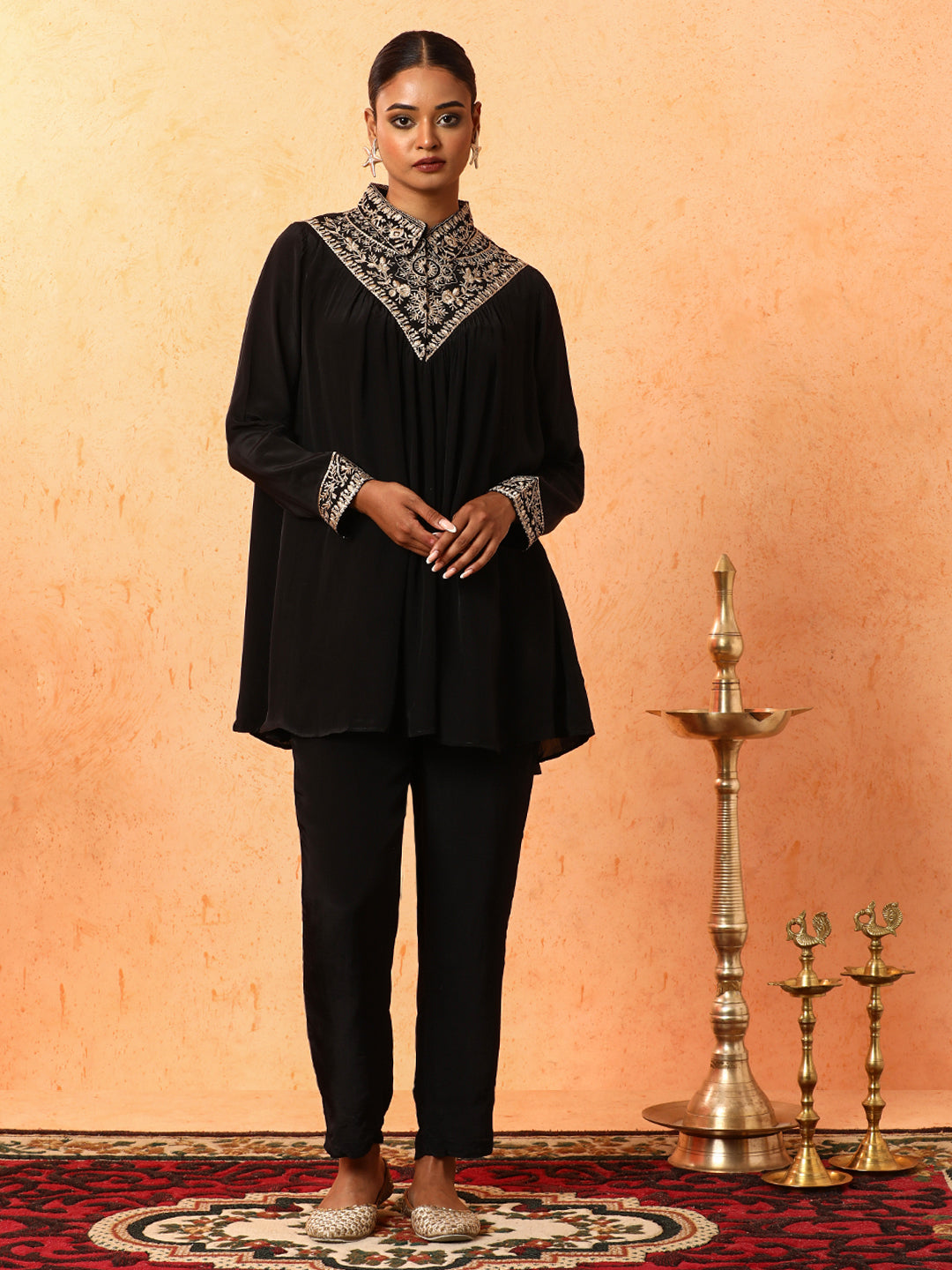 Floral Embroidered A-Line Silk Crepe Top & Trousers Sets