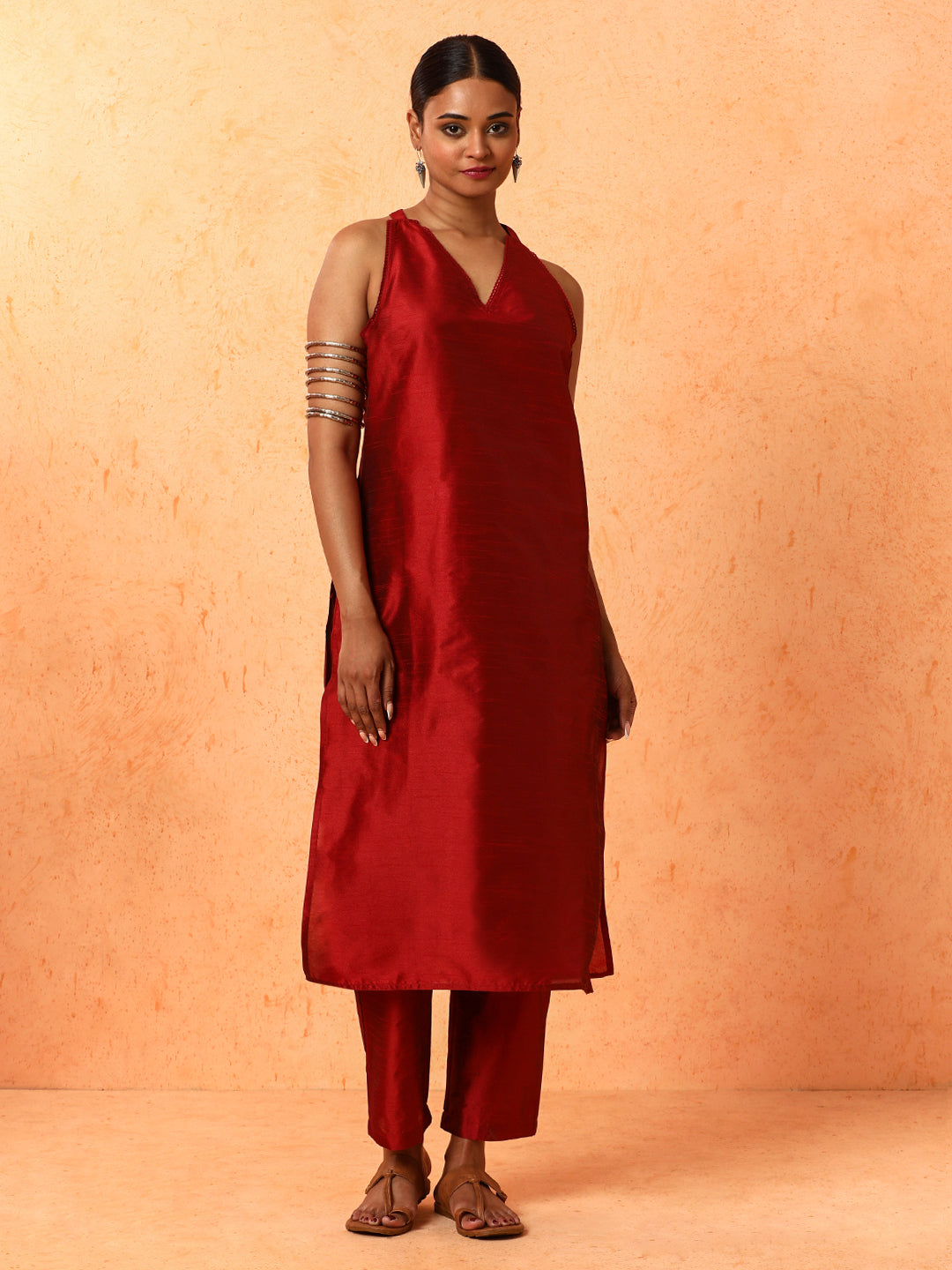 Solid Printed Straight Chanderi Silk Kurta & Trousers Sets