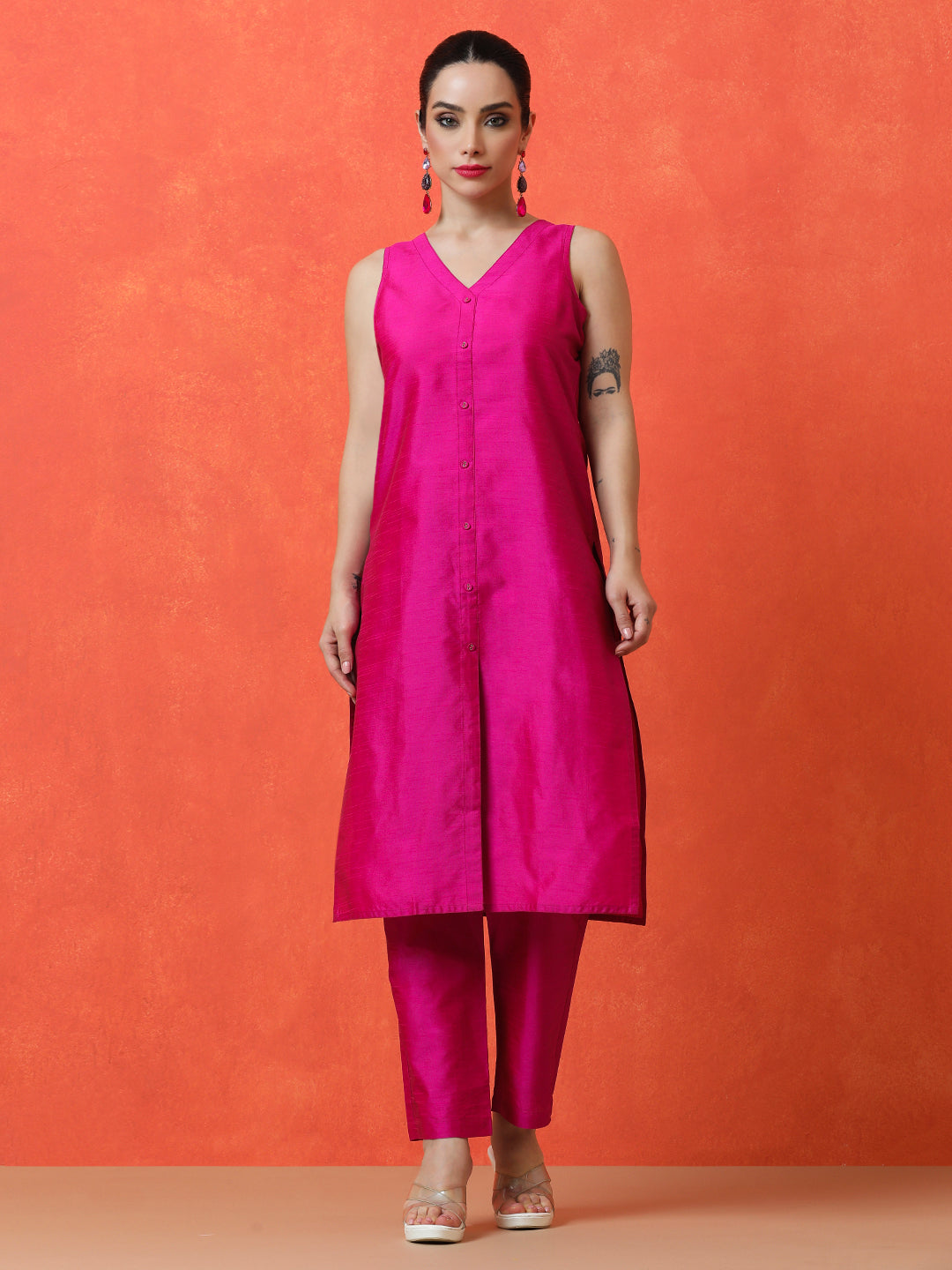 Solid Straight silk blend Kurta & Trousers Sets