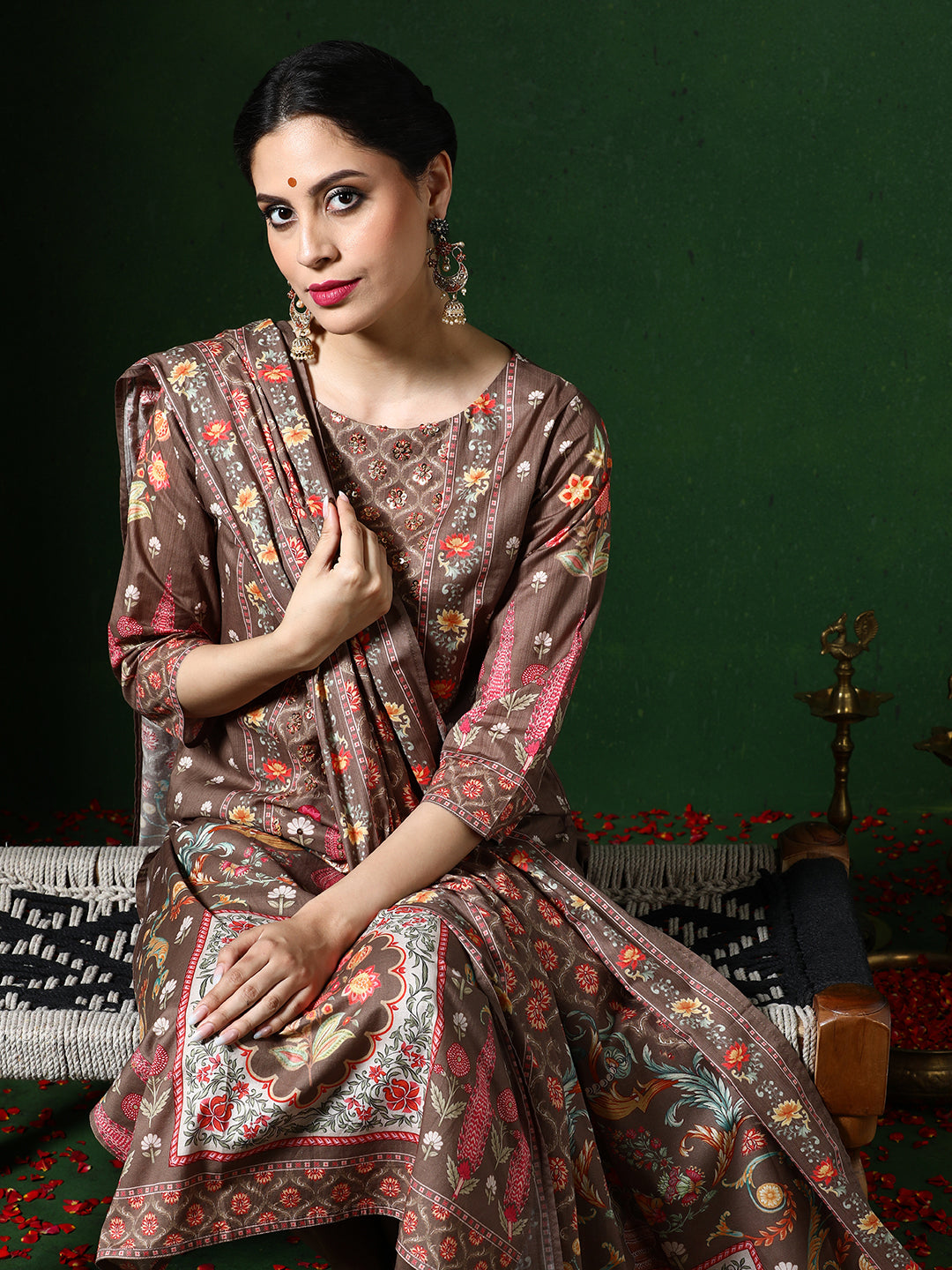 Floral Embroidered A-Line Pure Cotton Kurta & Trousers Sets