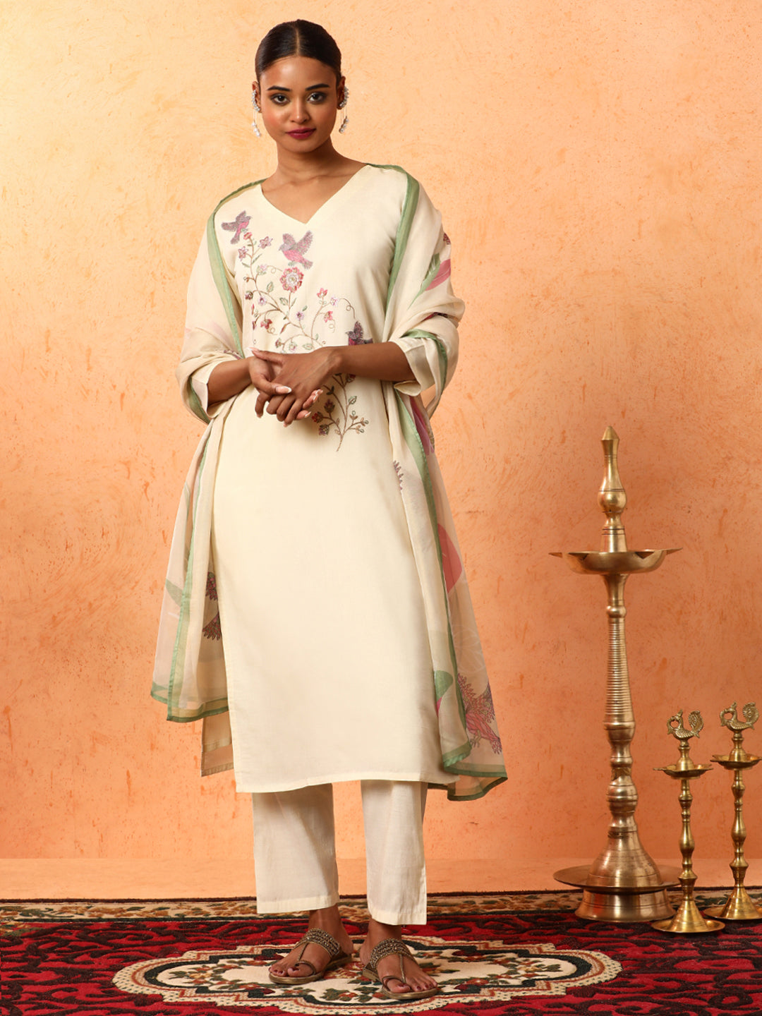 Floral Embroidered Straight Silk Blend Kurta & Trousers Sets