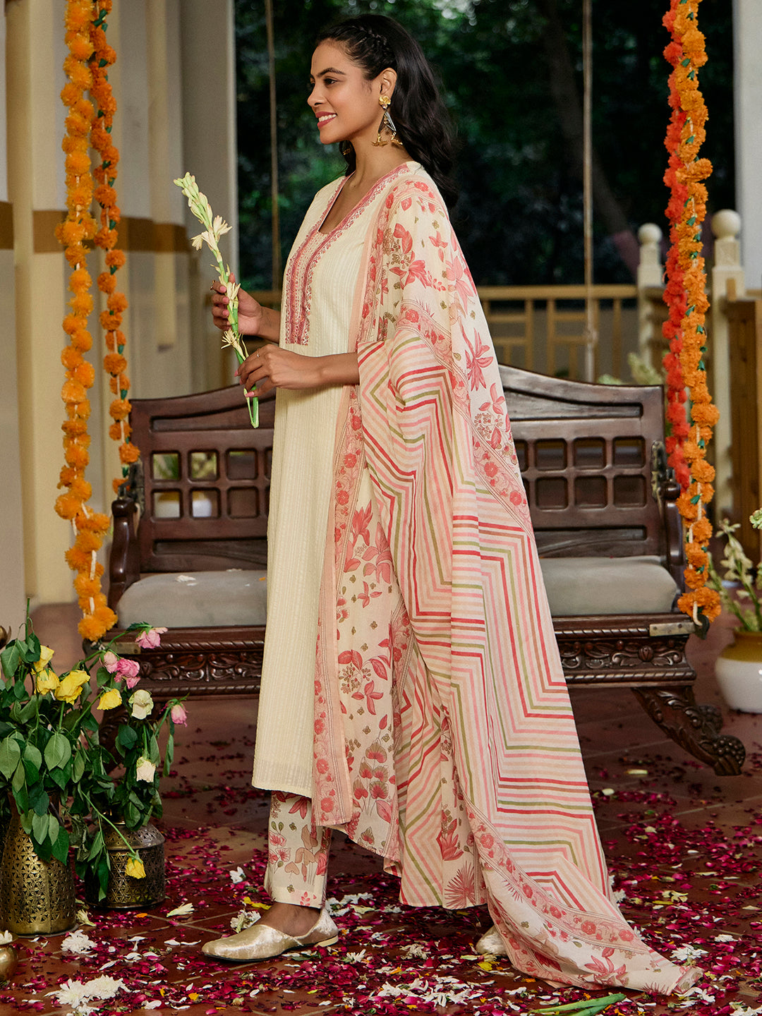 Printed A-Line Cotton Blend Kurta & Trousers Sets