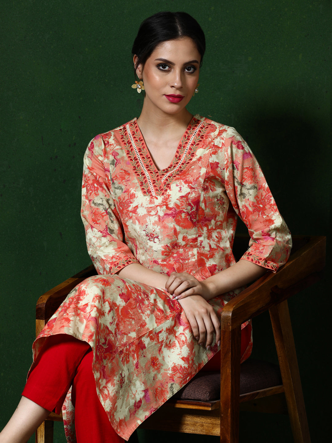 Floral Embroidered A-Line Cotton Blend Kurta
