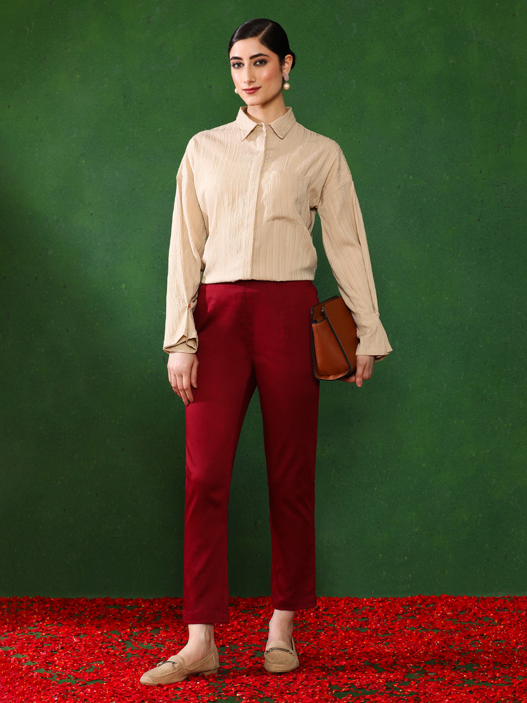 Women Maroon Solid Regular Trousers