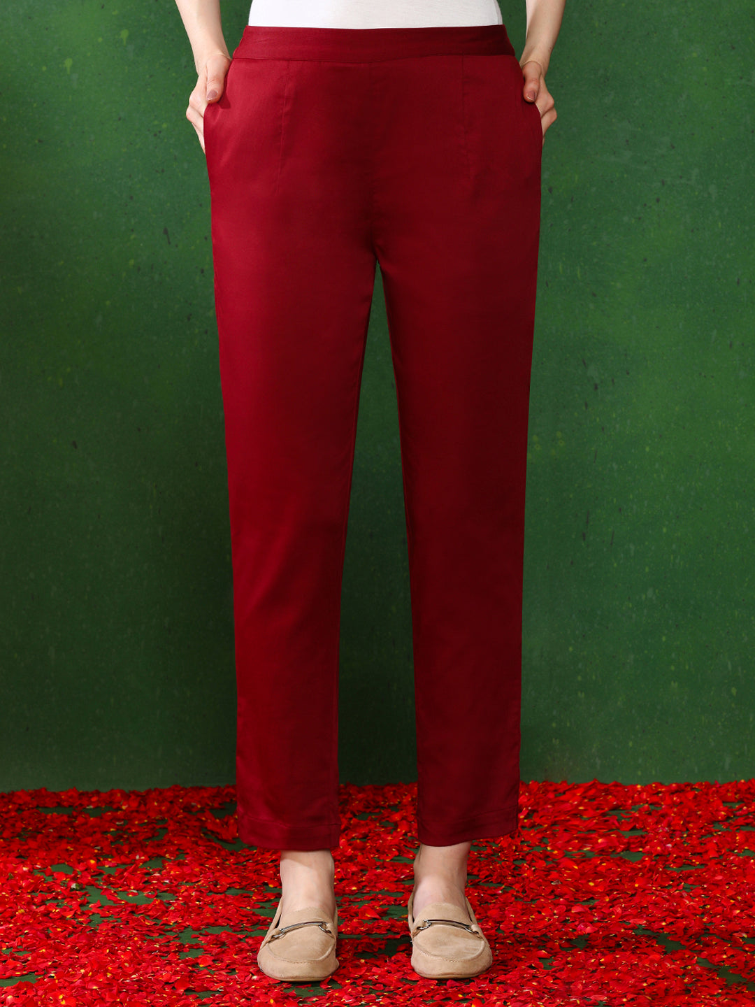 Women Maroon Solid Regular Trousers
