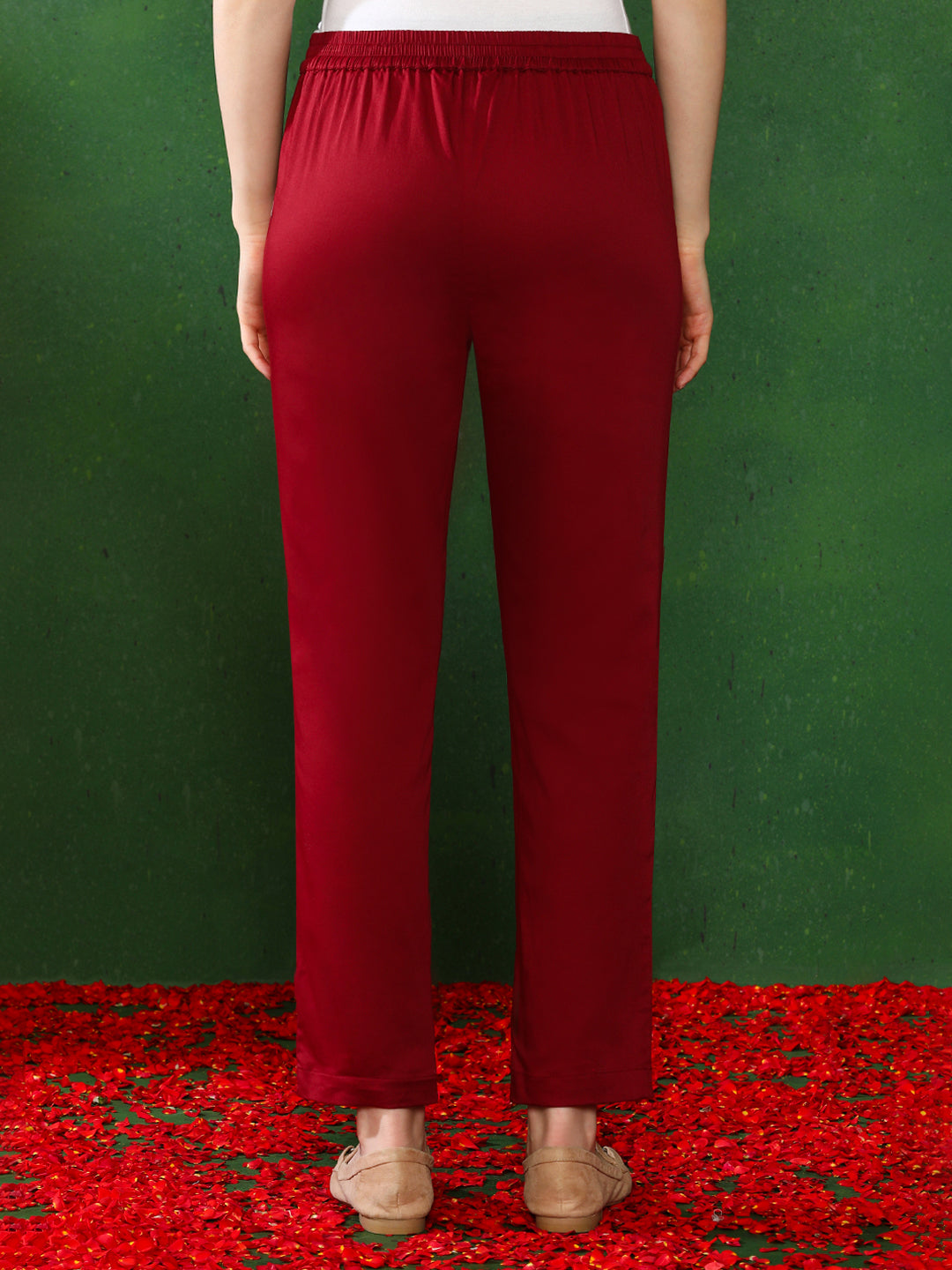 Women Maroon Solid Regular Trousers